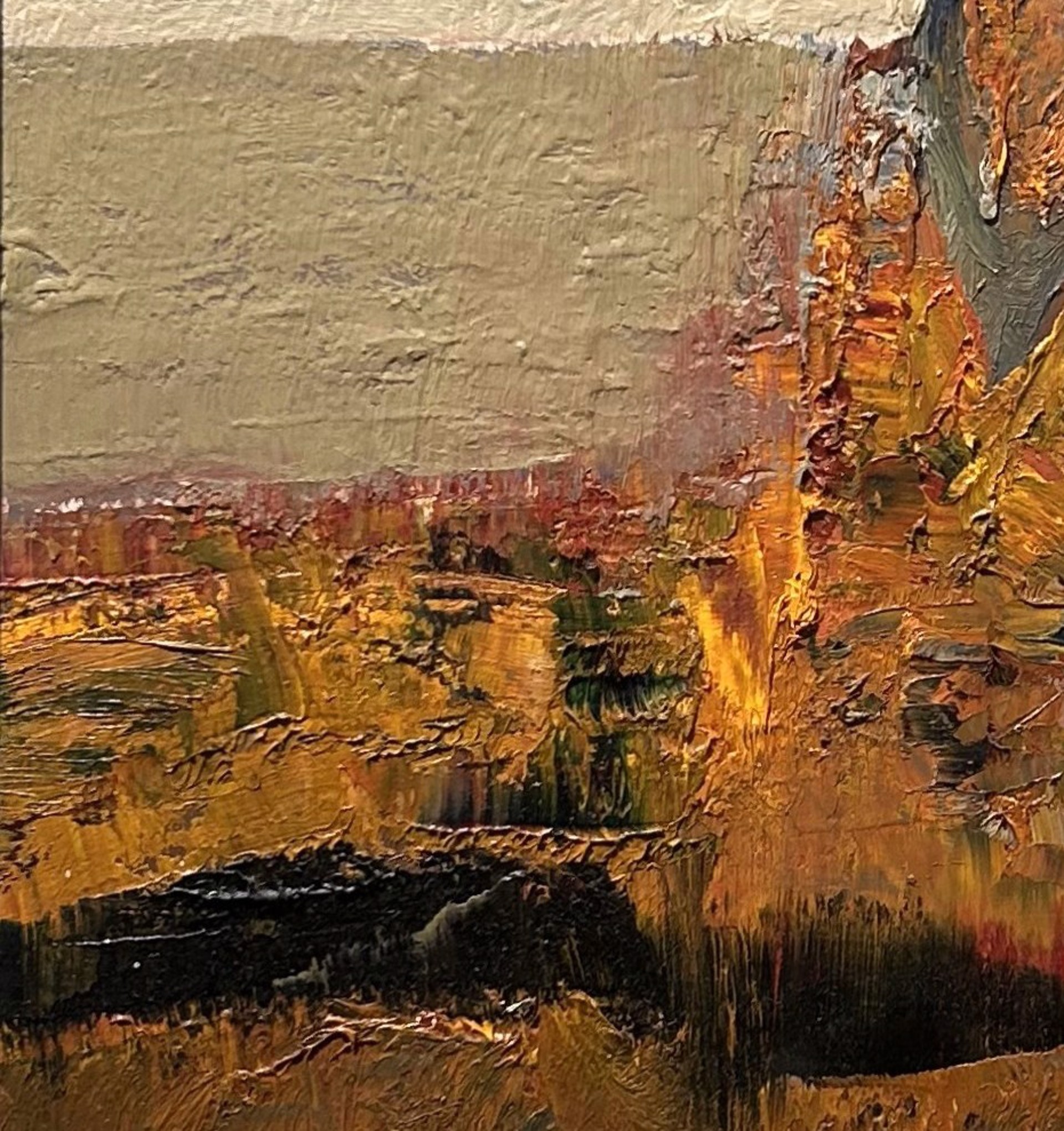A textured oil painting of a solitary figure standing against a layered landscape.