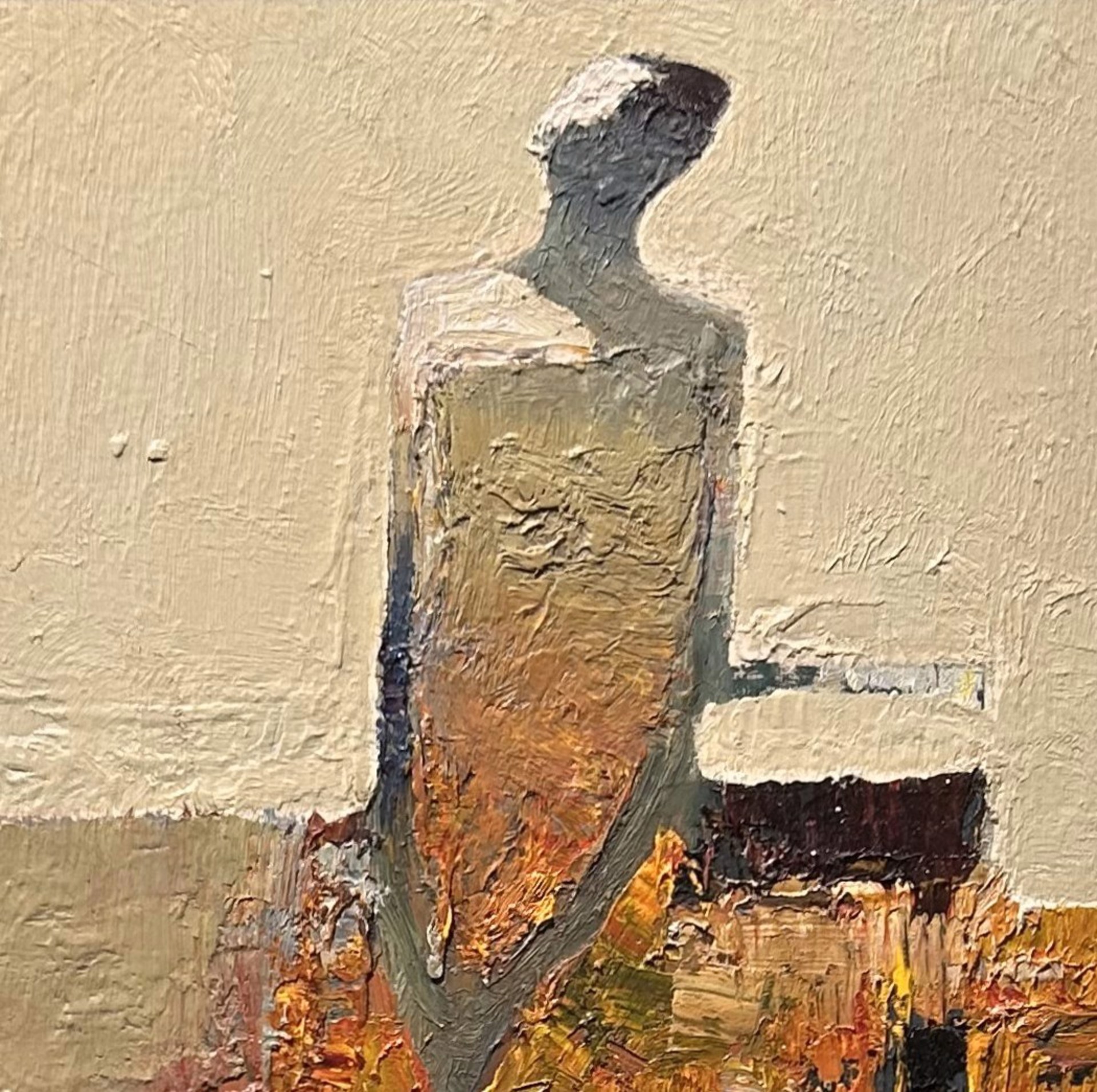 A textured oil painting of a solitary figure standing against a layered landscape.