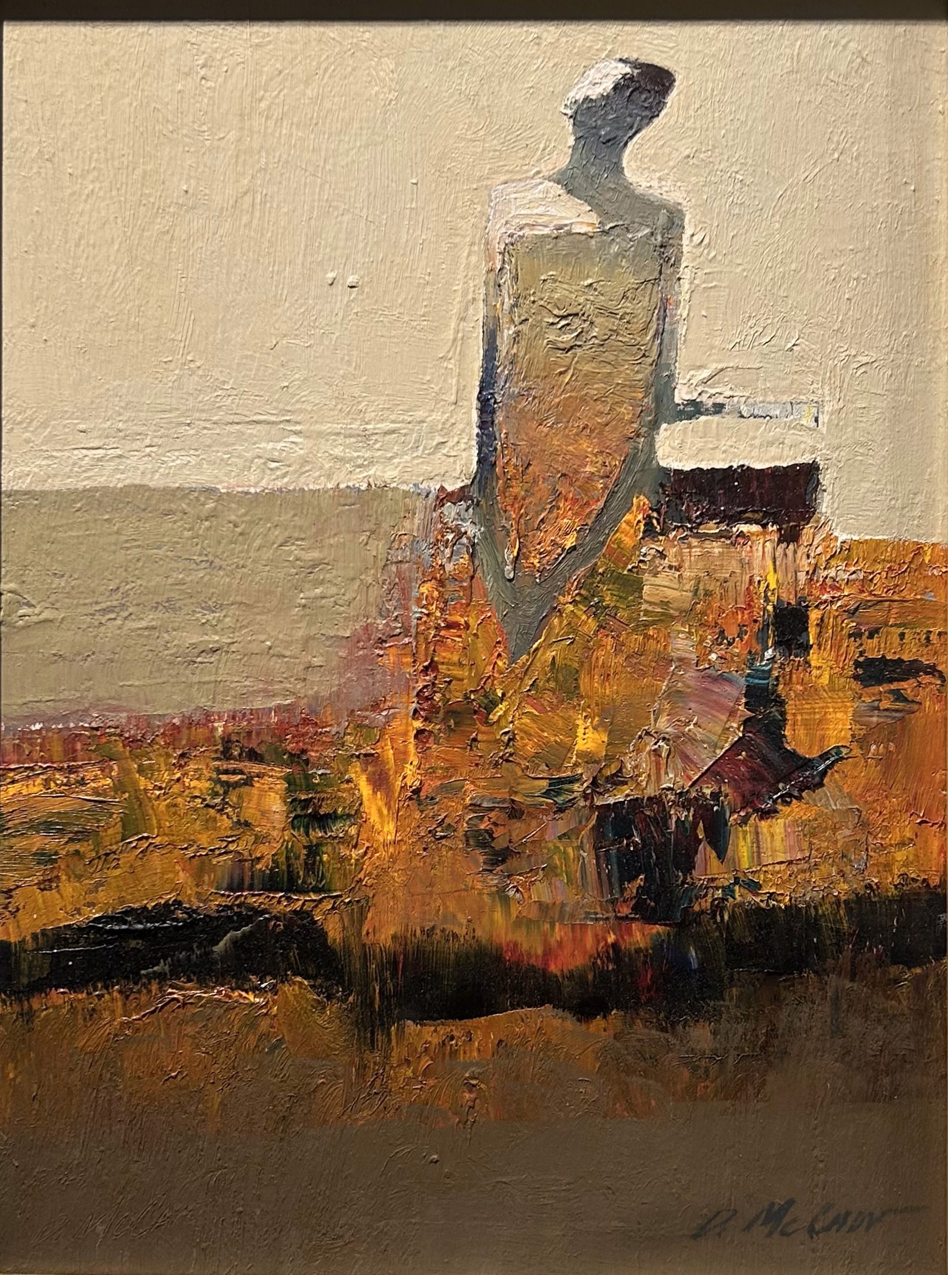 A textured oil painting of a solitary figure standing against a layered landscape.