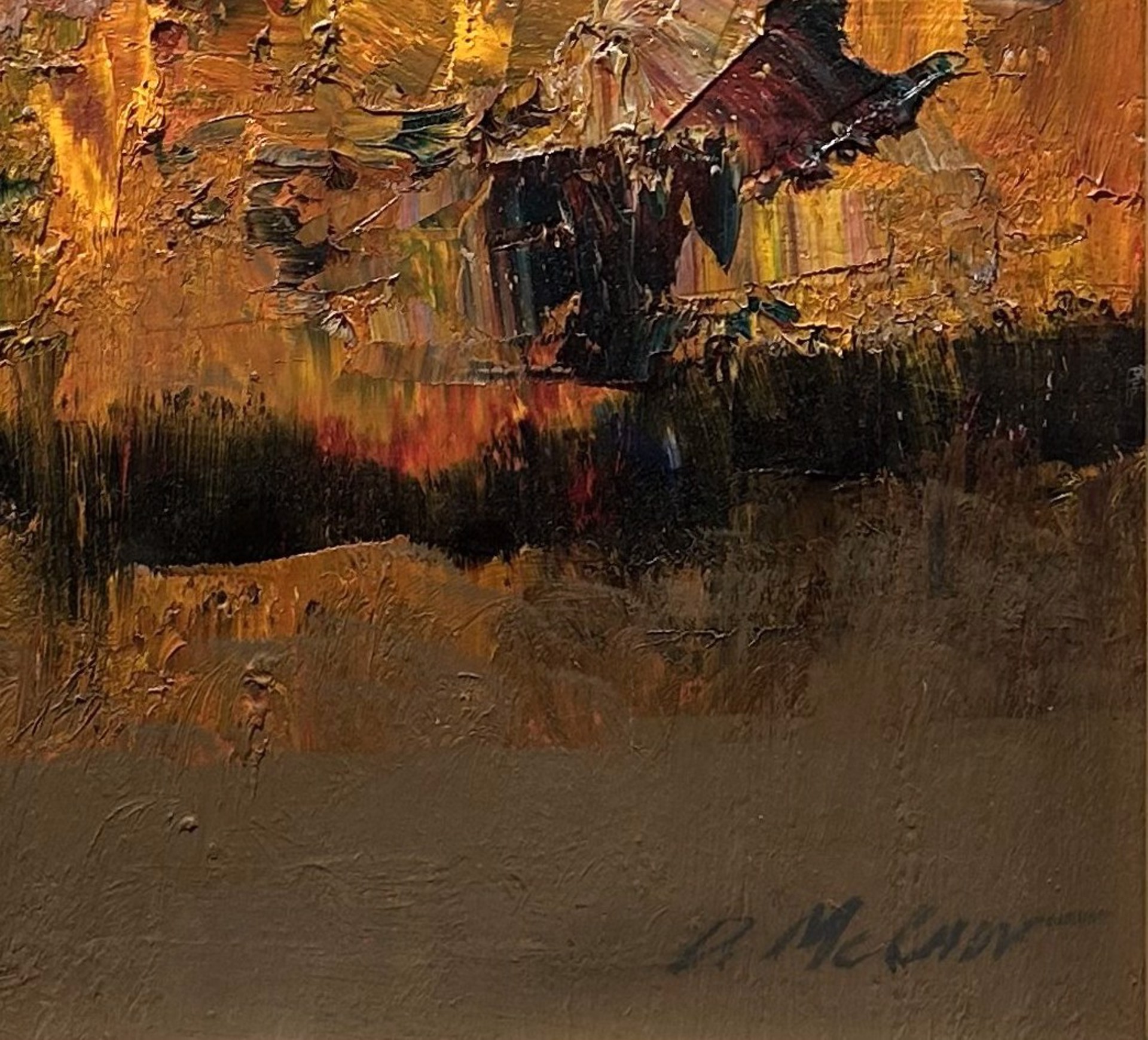 A textured oil painting of a solitary figure standing against a layered landscape.