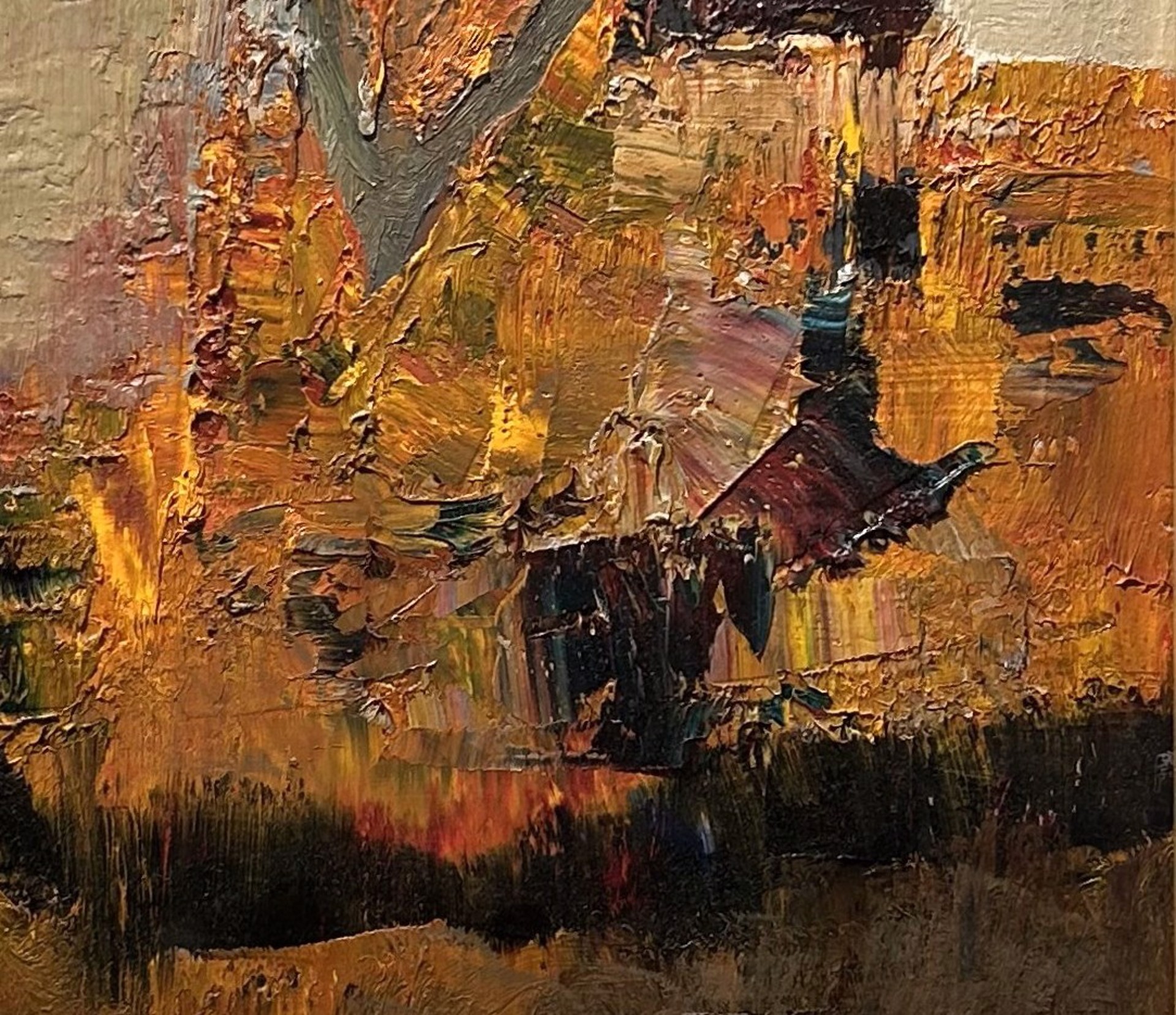 A textured oil painting of a solitary figure standing against a layered landscape.