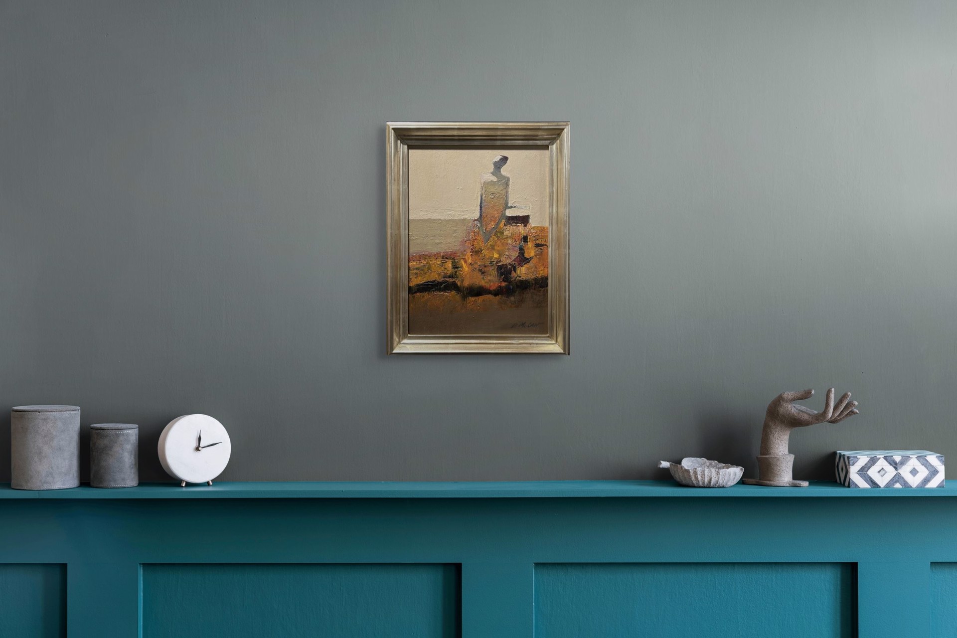 A textured oil painting of a solitary figure standing against a layered landscape.