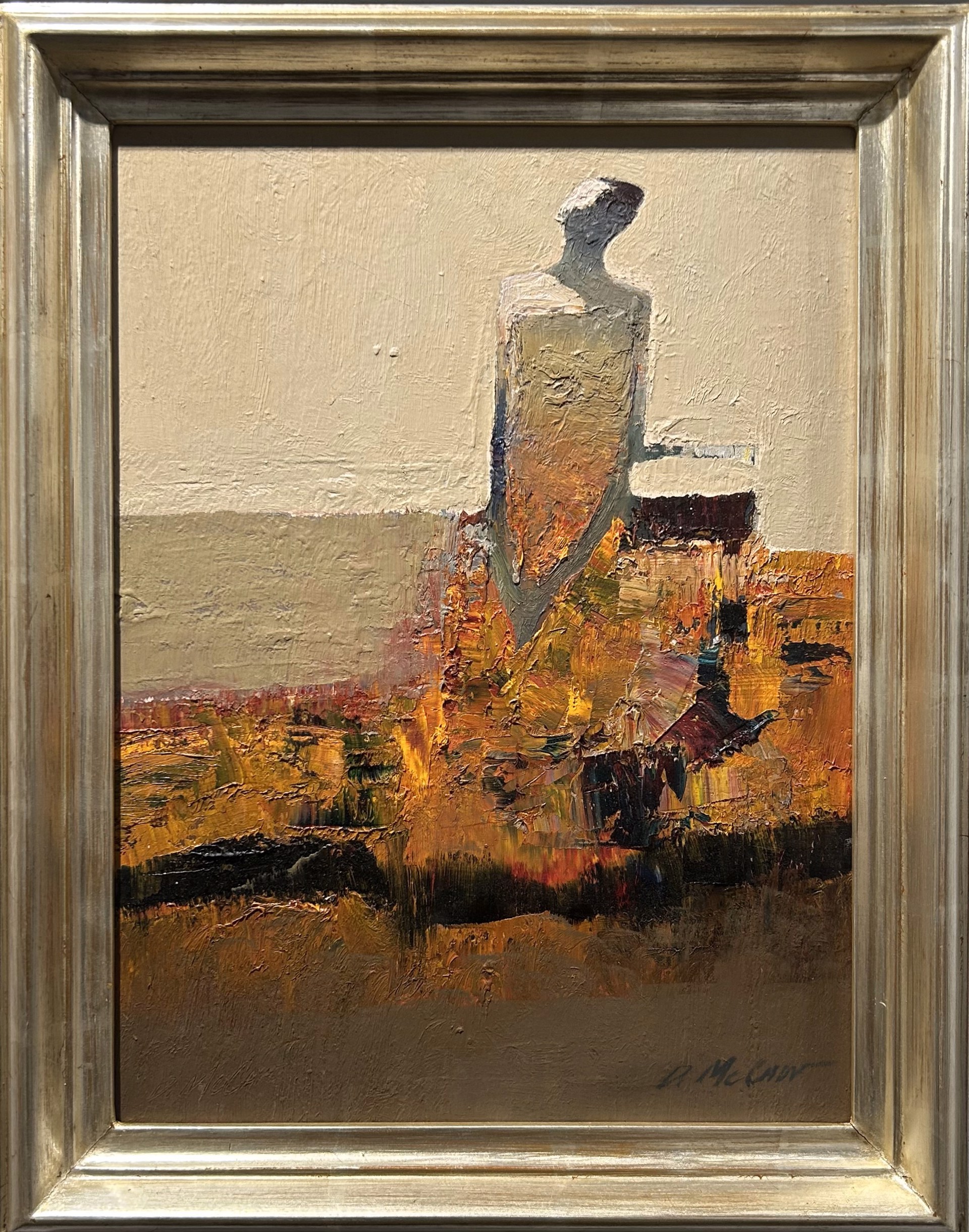 A textured oil painting of a solitary figure standing against a layered landscape.