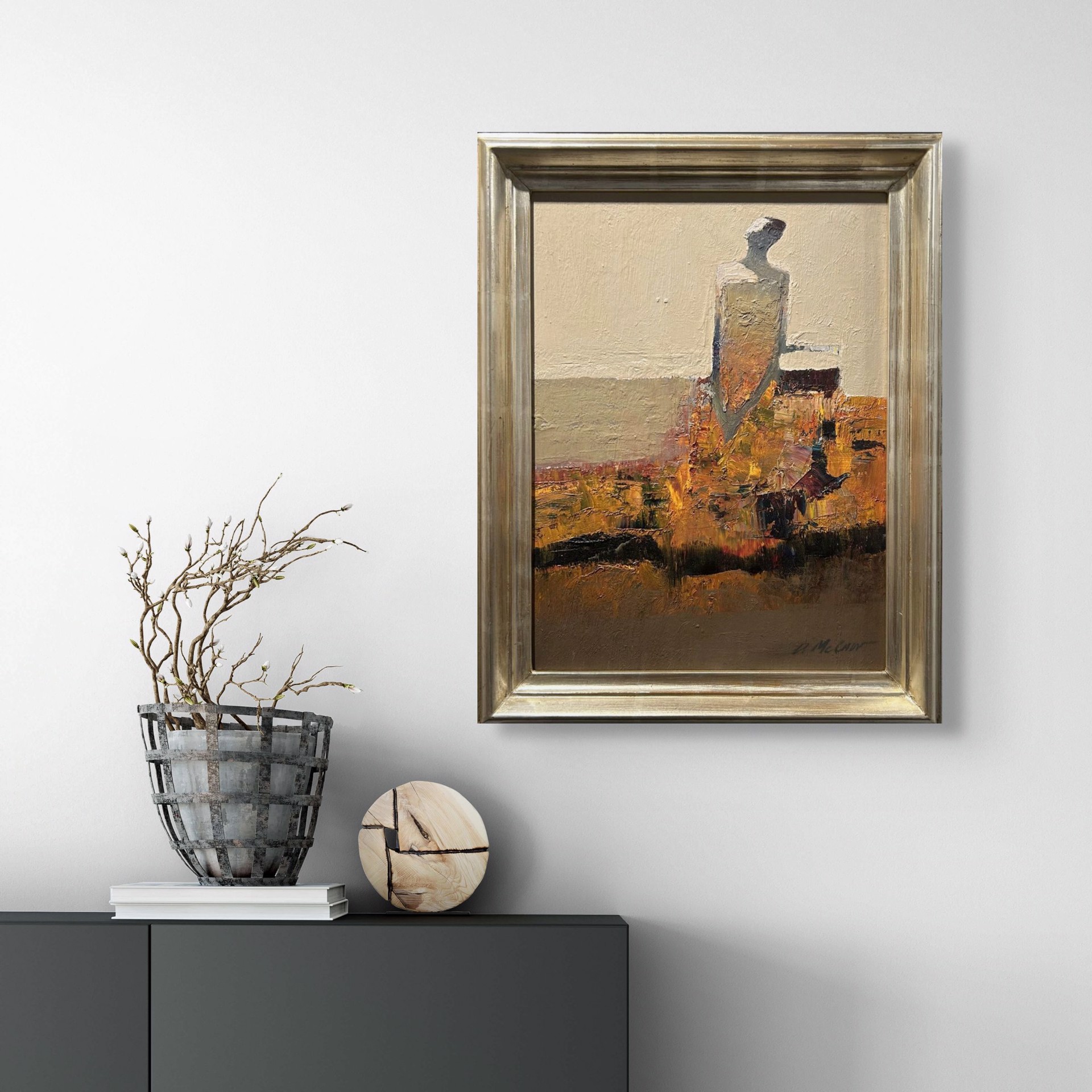 A textured oil painting of a solitary figure standing against a layered landscape.