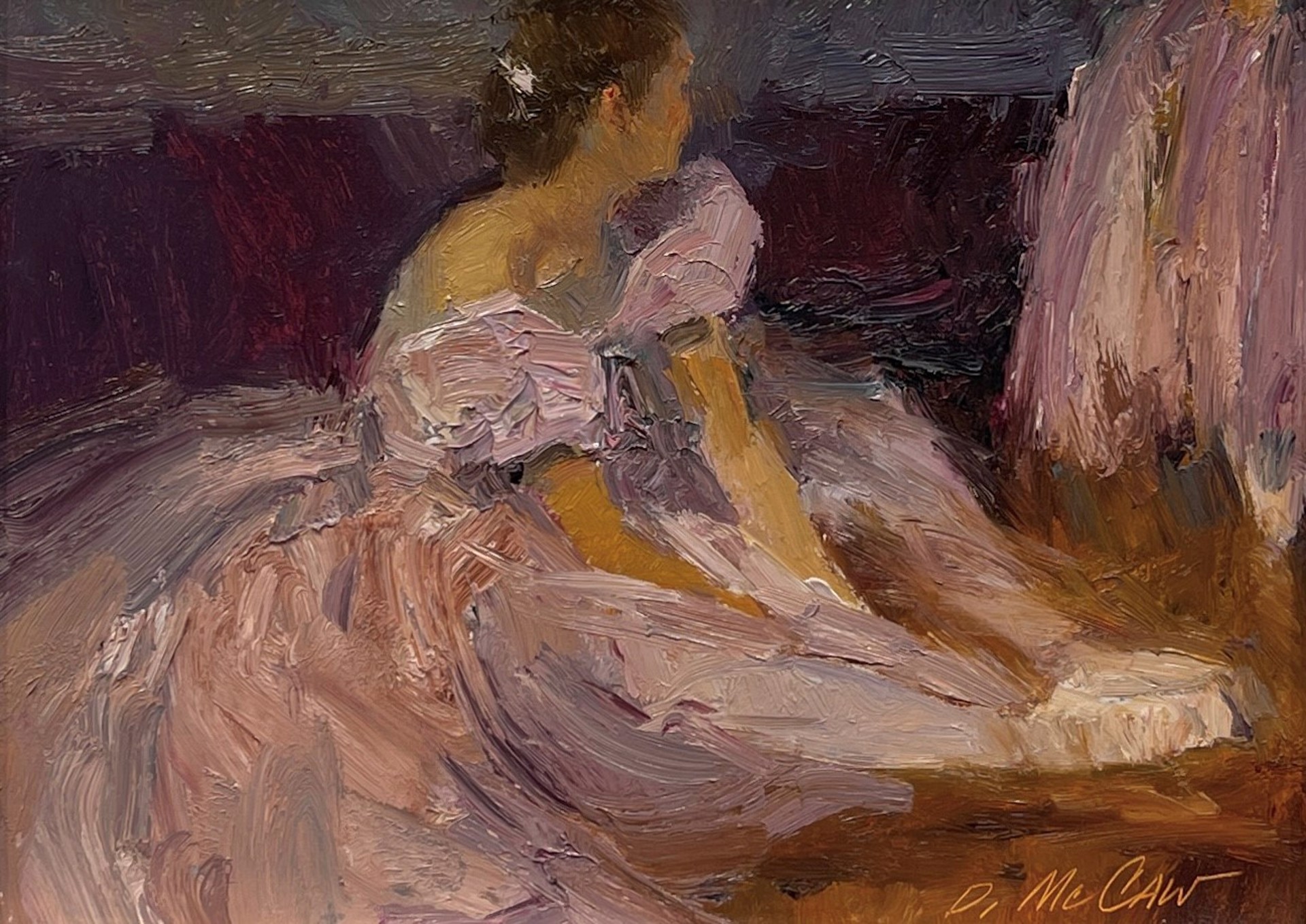 A painting of a woman sitting on a couch.