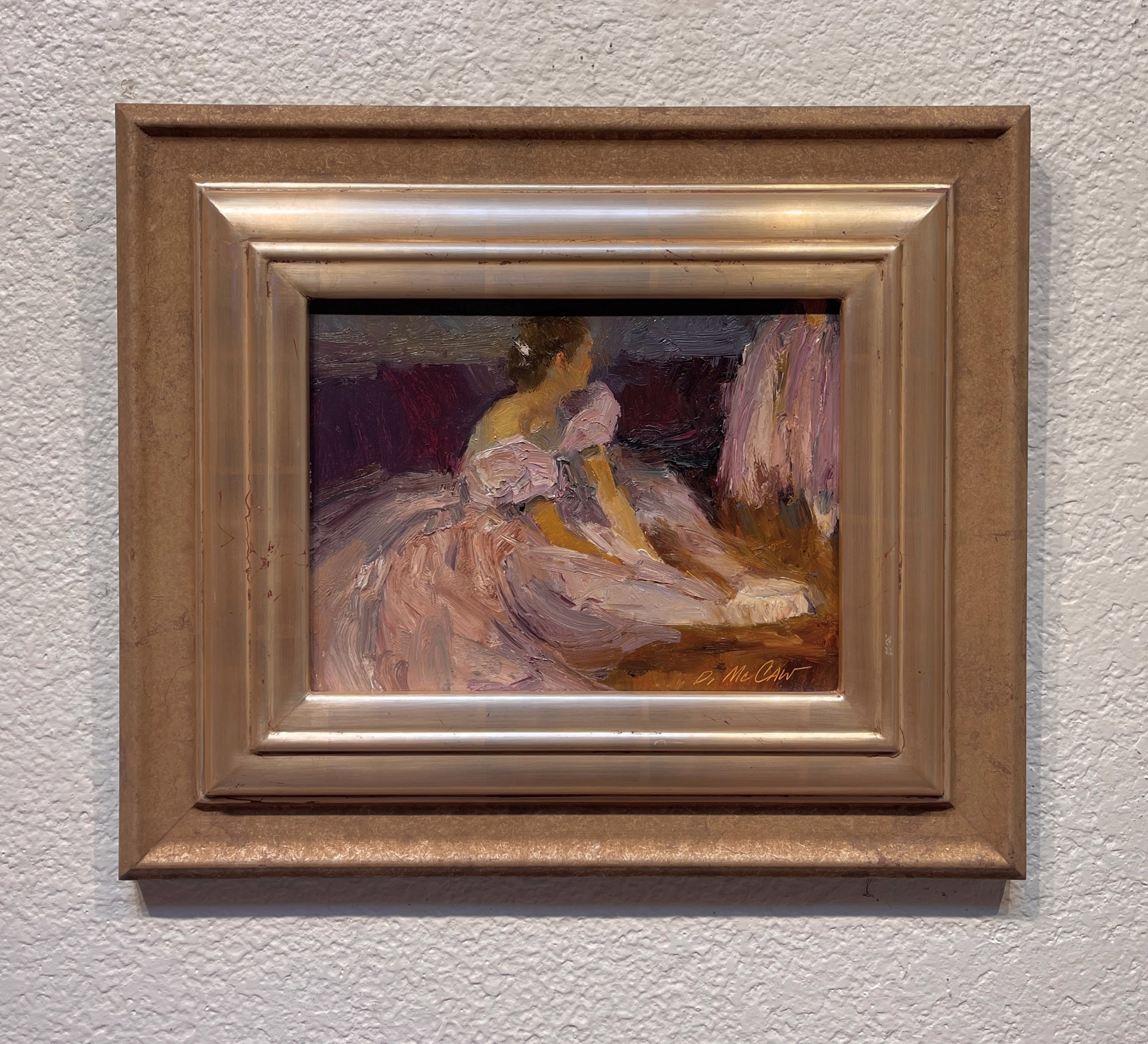 A painting of a woman sitting on a couch.