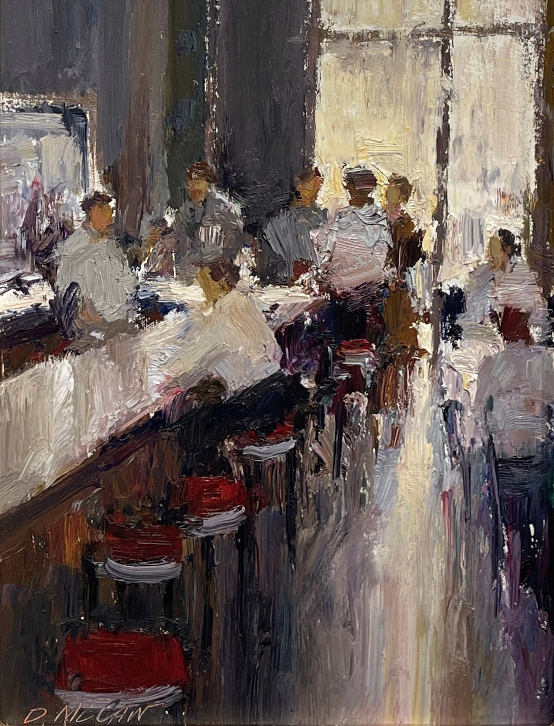 A painting of people sitting at tables in a restaurant.