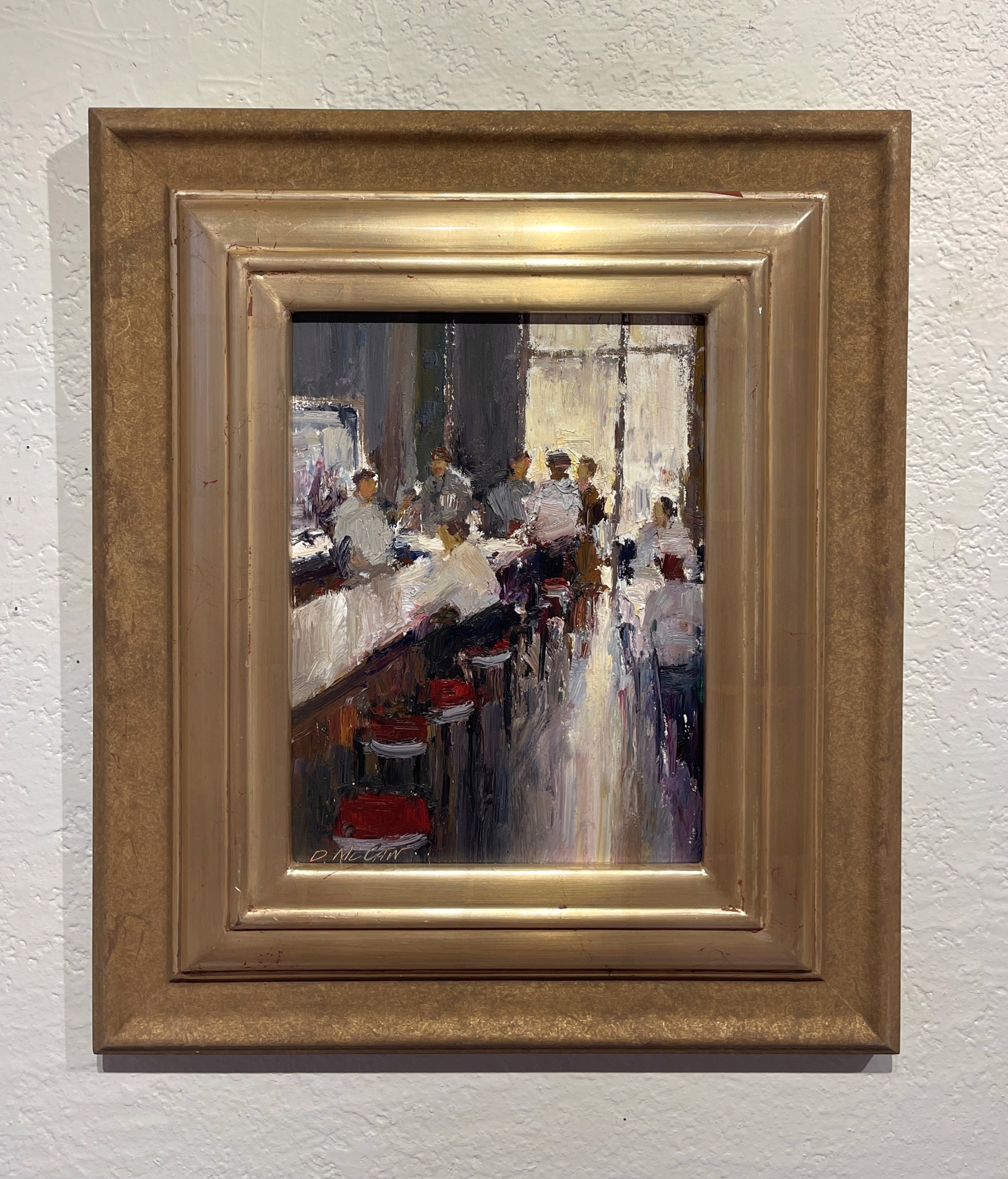 A painting of people sitting at tables in a restaurant.