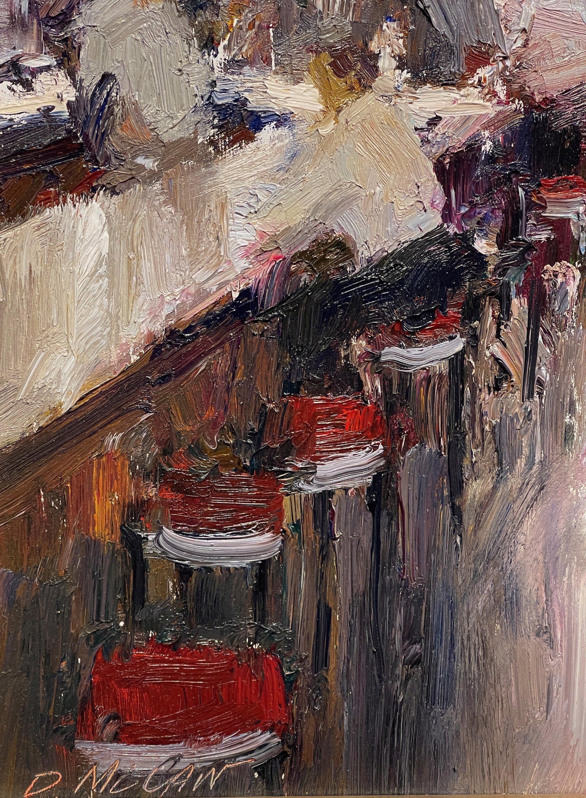 A painting of people sitting at tables in a restaurant.