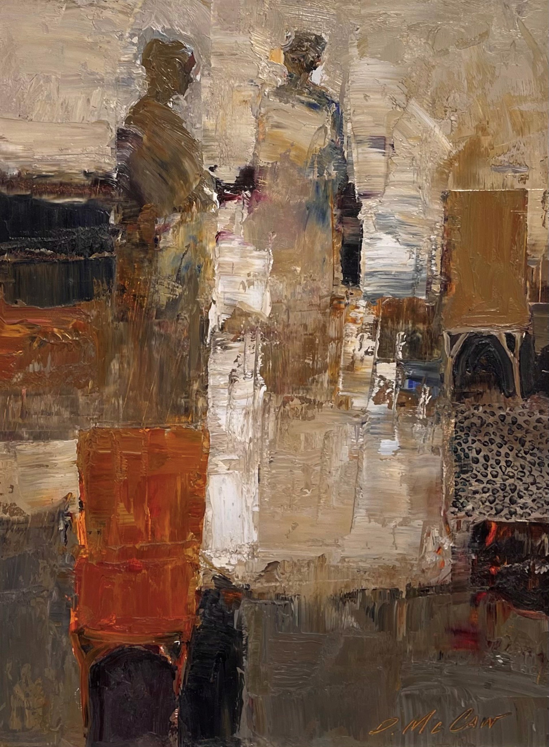 A painting of two people standing in a room.