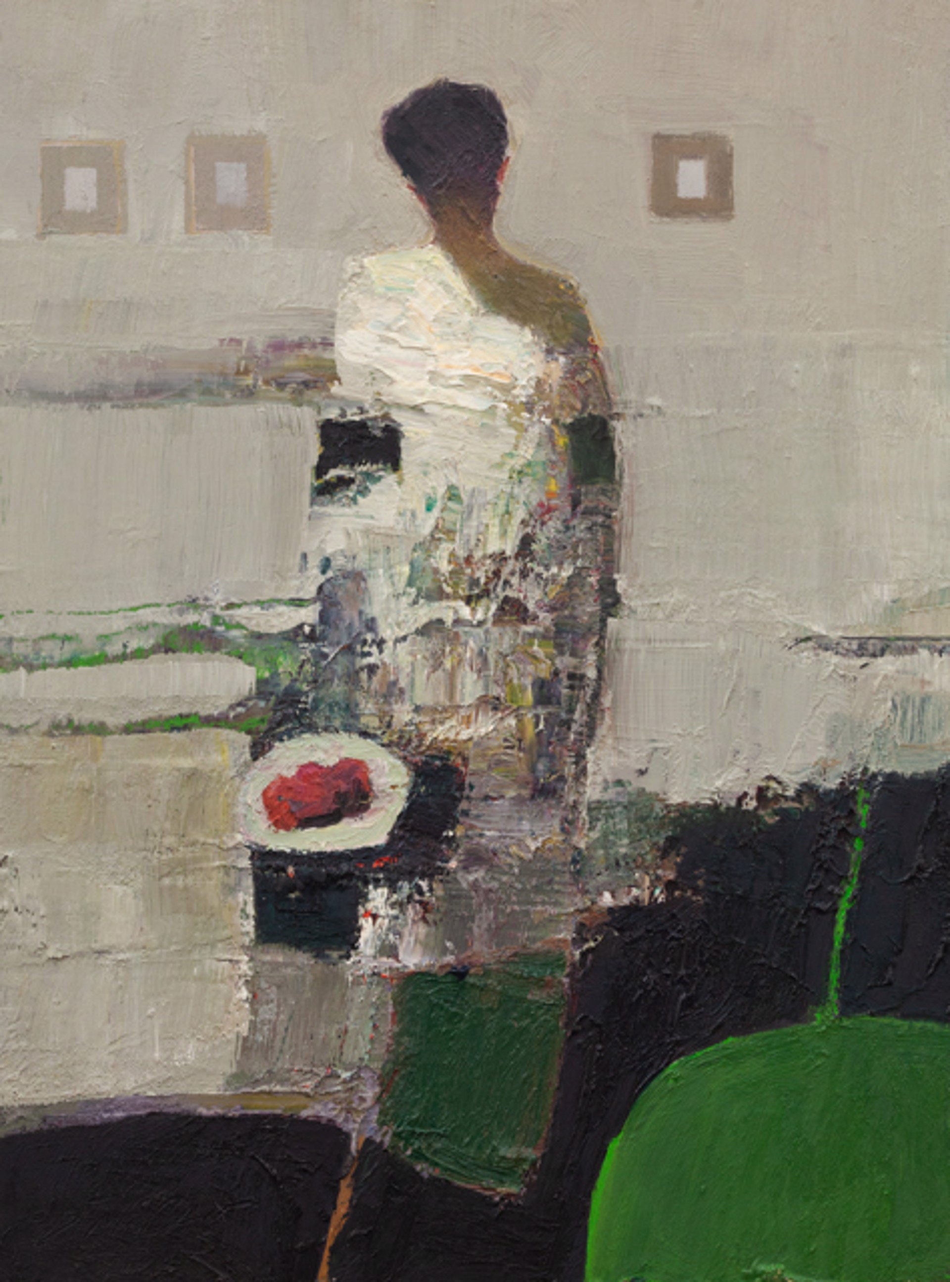 A textured painting of a figure in profile holding a plate with red fruit.