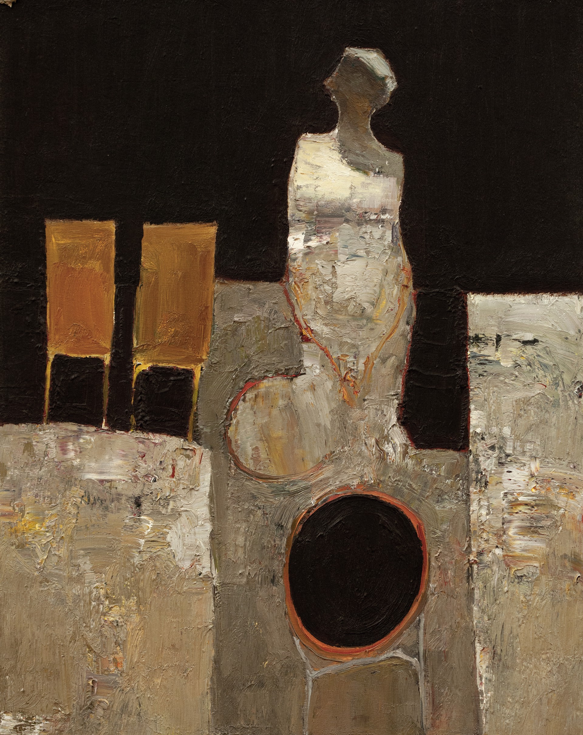 An abstract painting featuring a central figure-like form against a dark background with geometric shapes.
