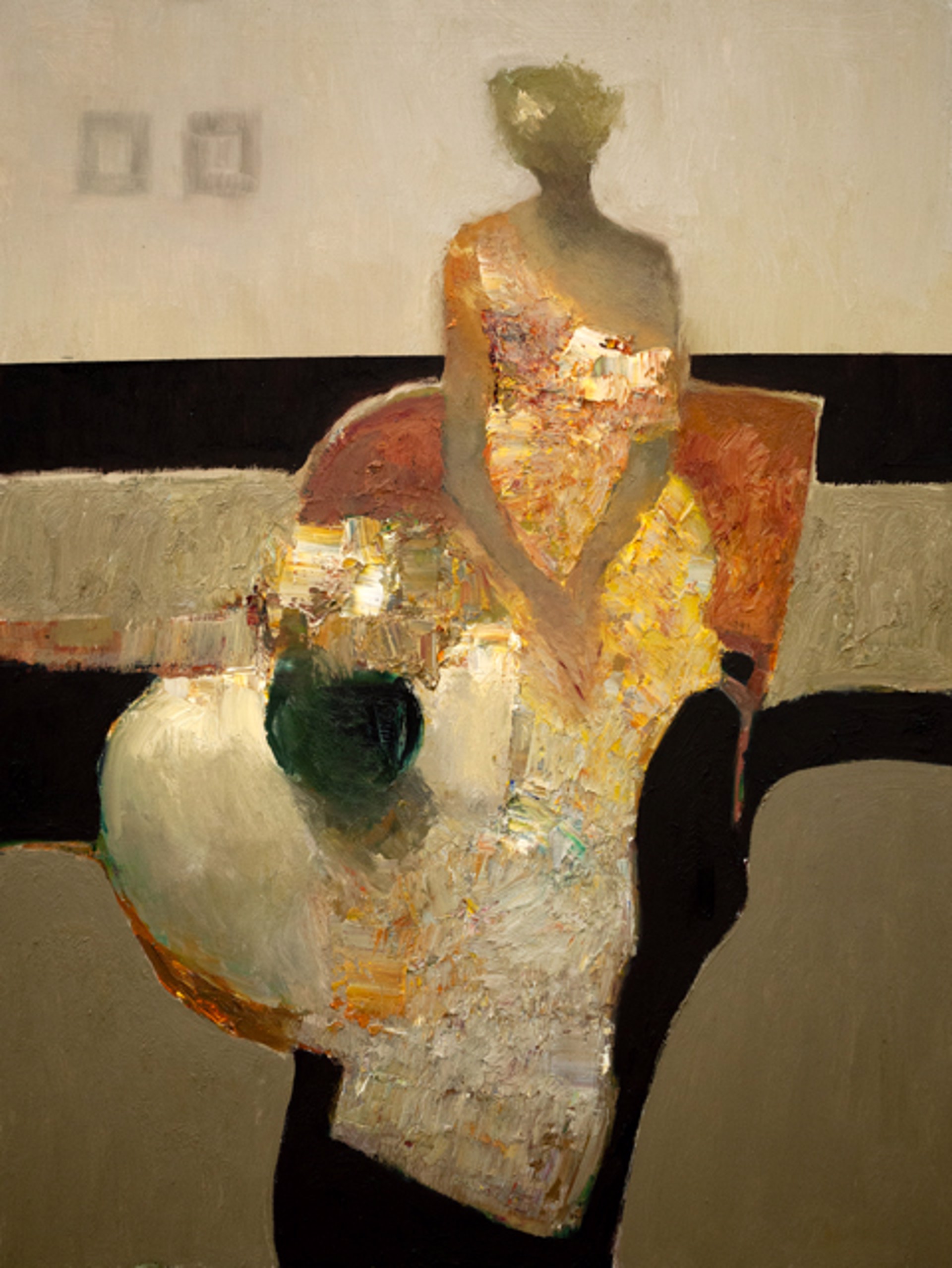 A painting of a woman in a yellow dress sitting on a couch.