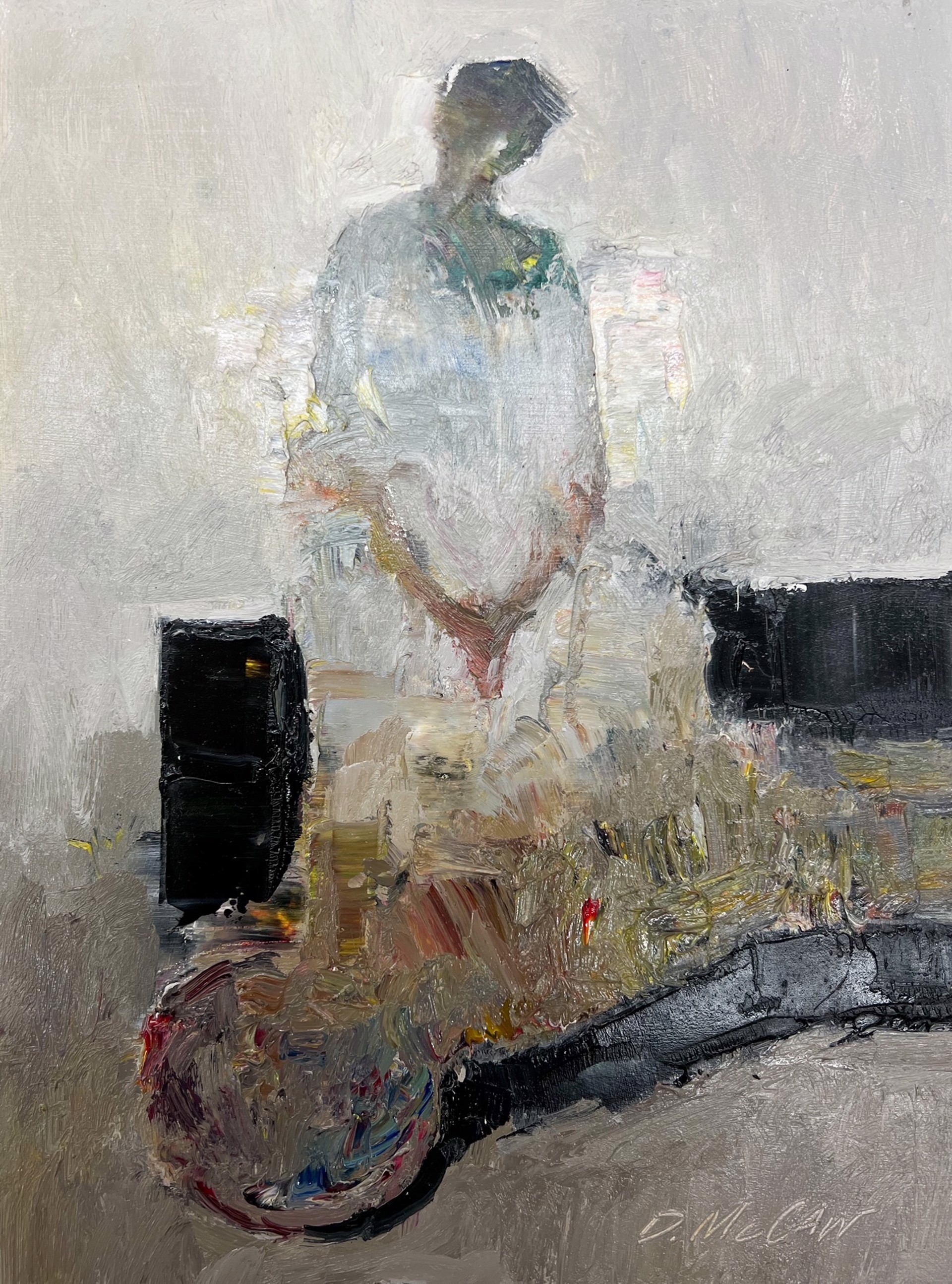 A painting of a man sitting on a chair.