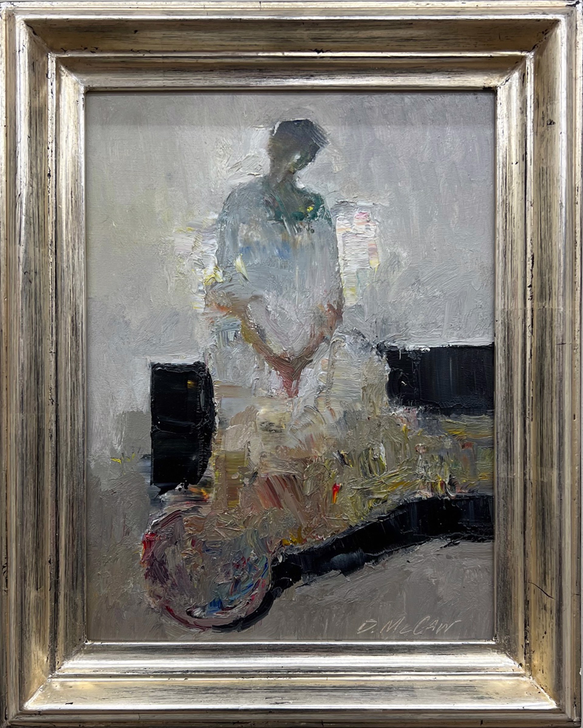 A painting of a man sitting on a chair.