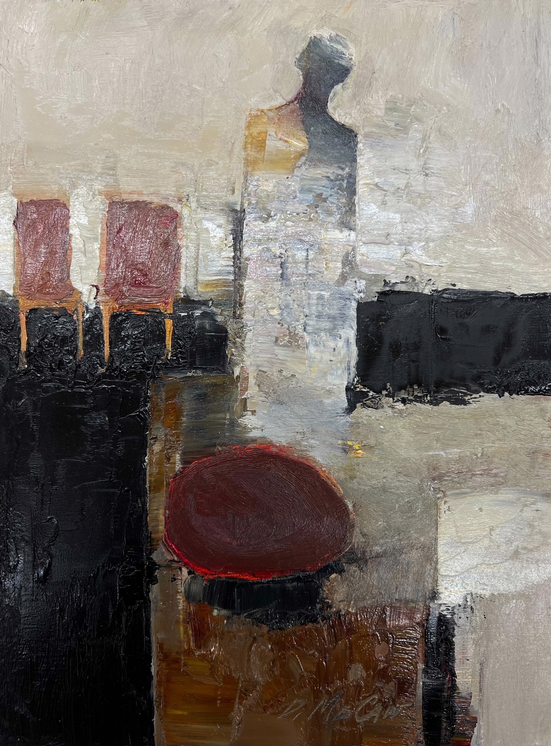 A painting of a person standing in front of a red circle.