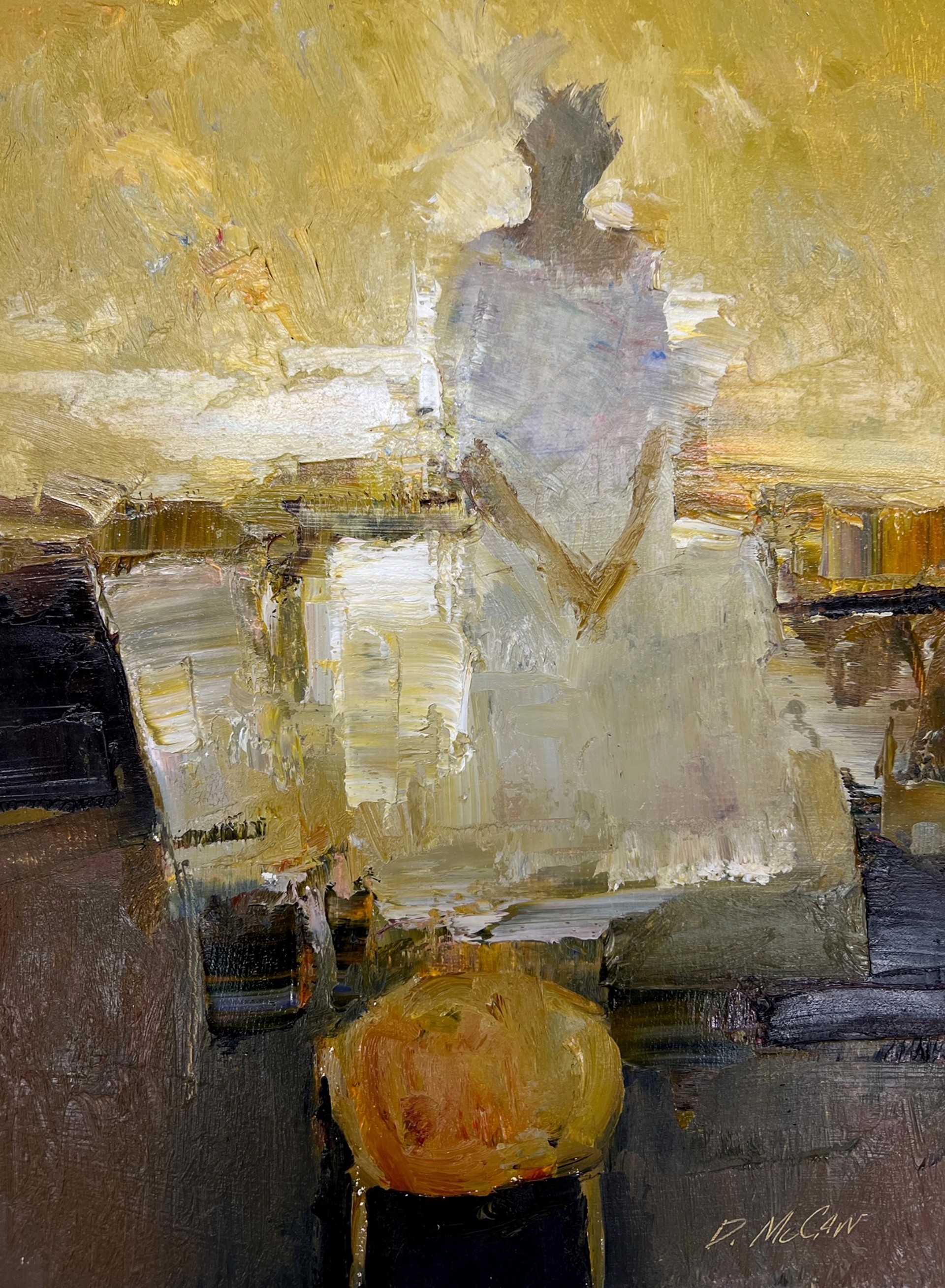 A painting of a person sitting on a bench.