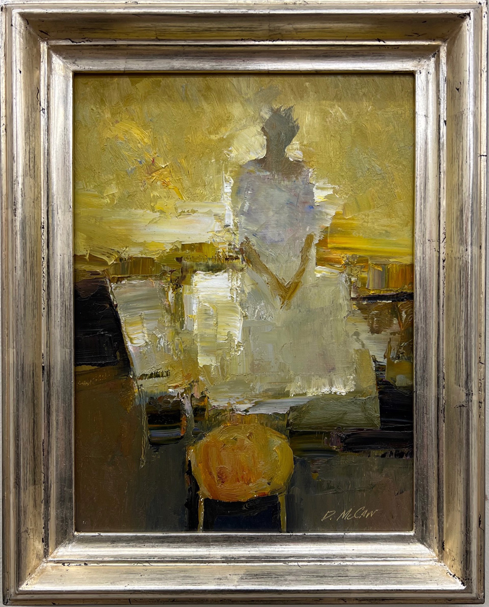 A painting of a person sitting on a bench.