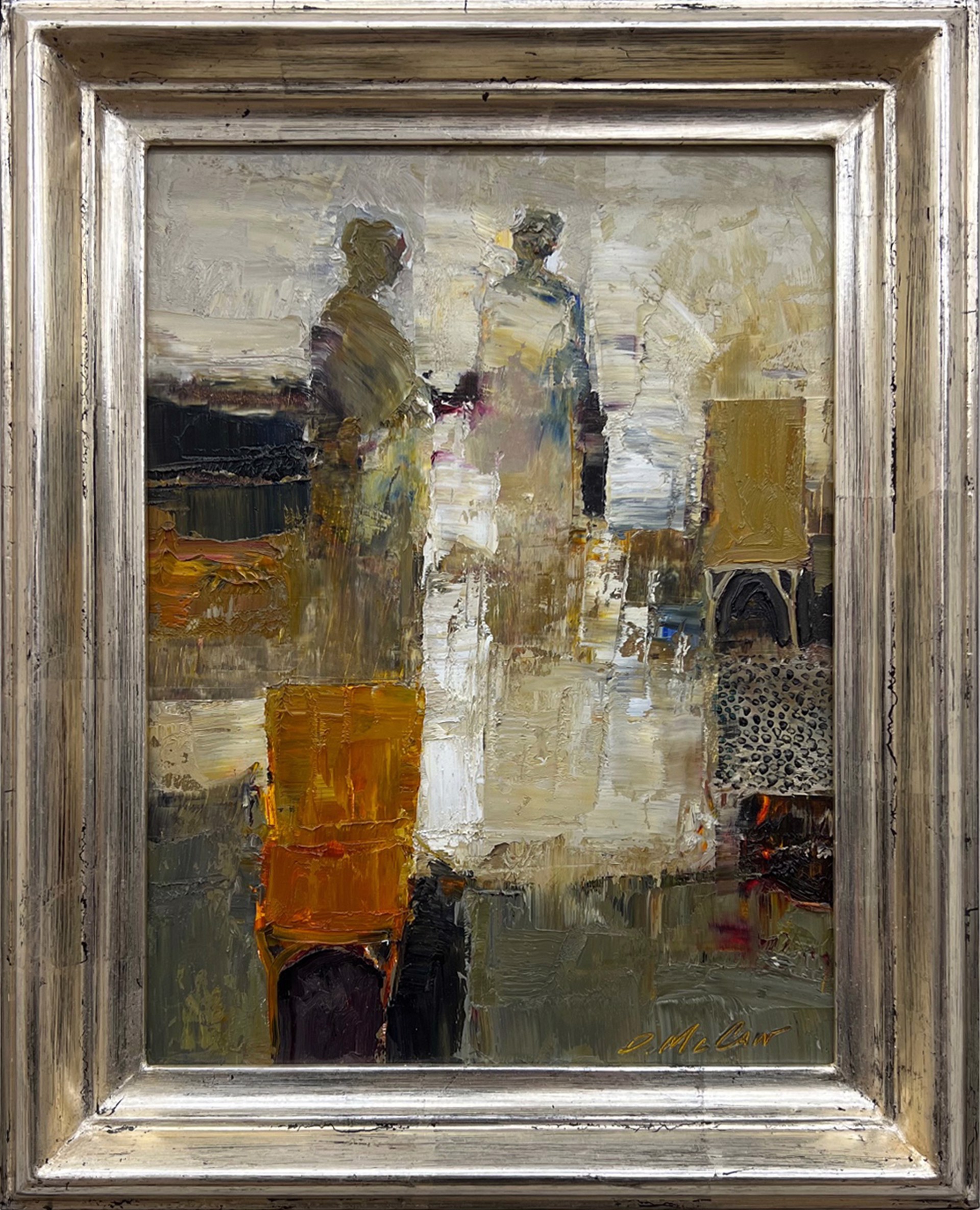 A painting of two people standing in front of a building.