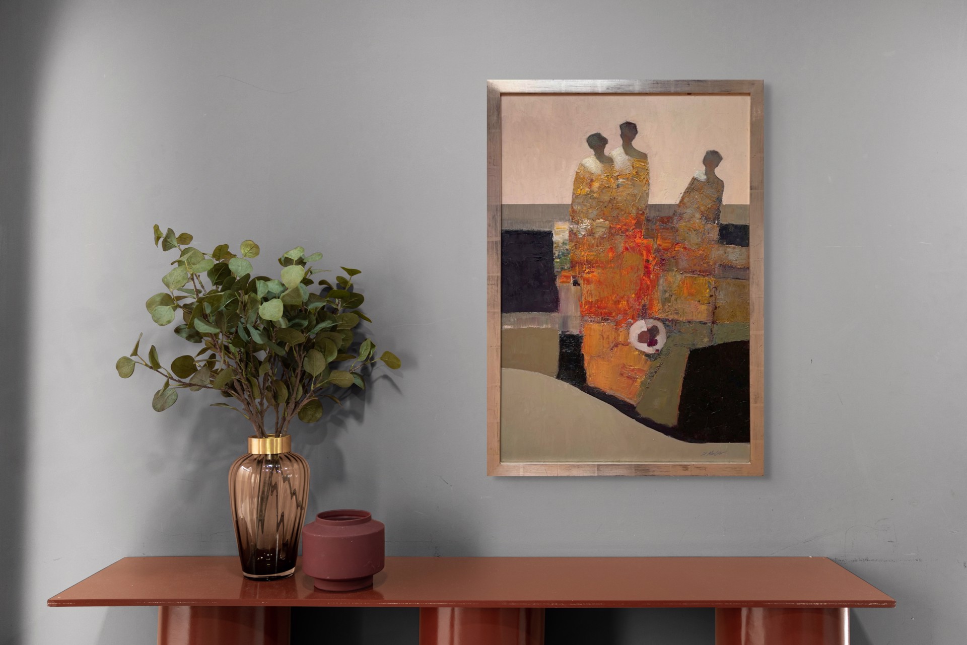 A painting of three people sitting at a table.