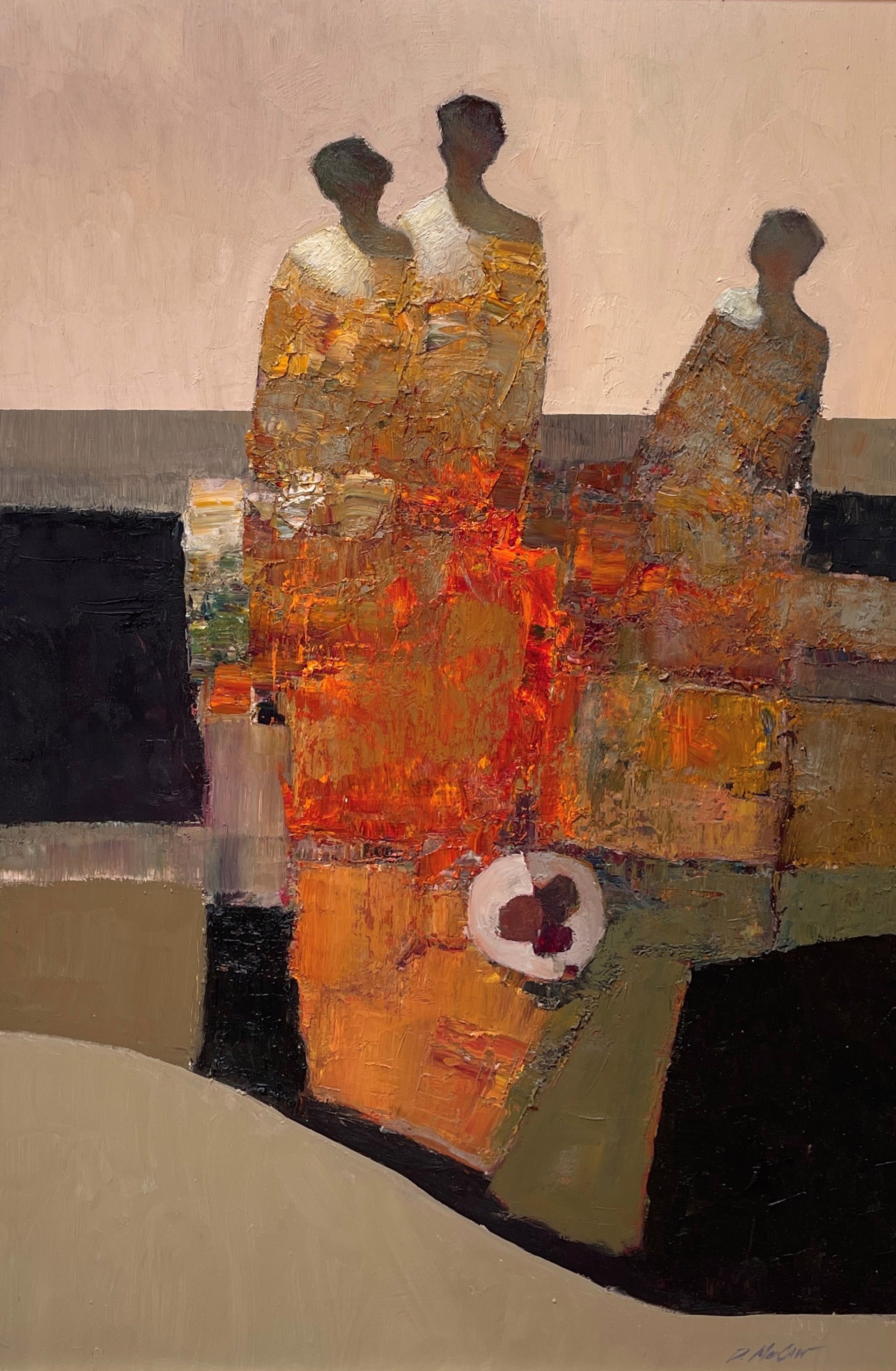 A painting of three people sitting at a table.