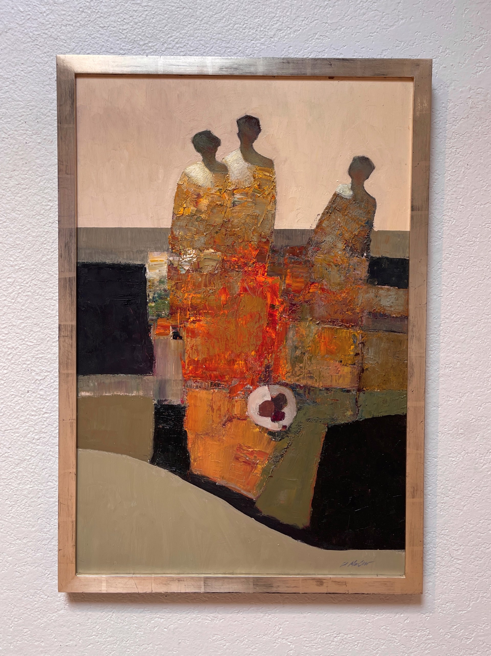 A painting of three people sitting at a table.