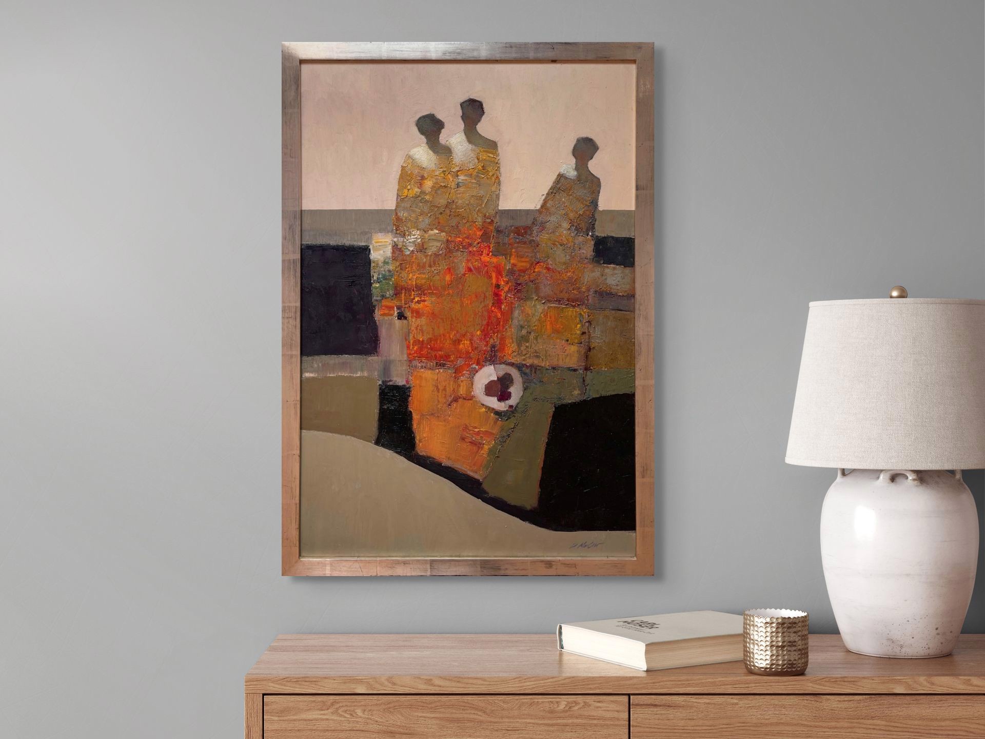 A painting of three people sitting at a table.