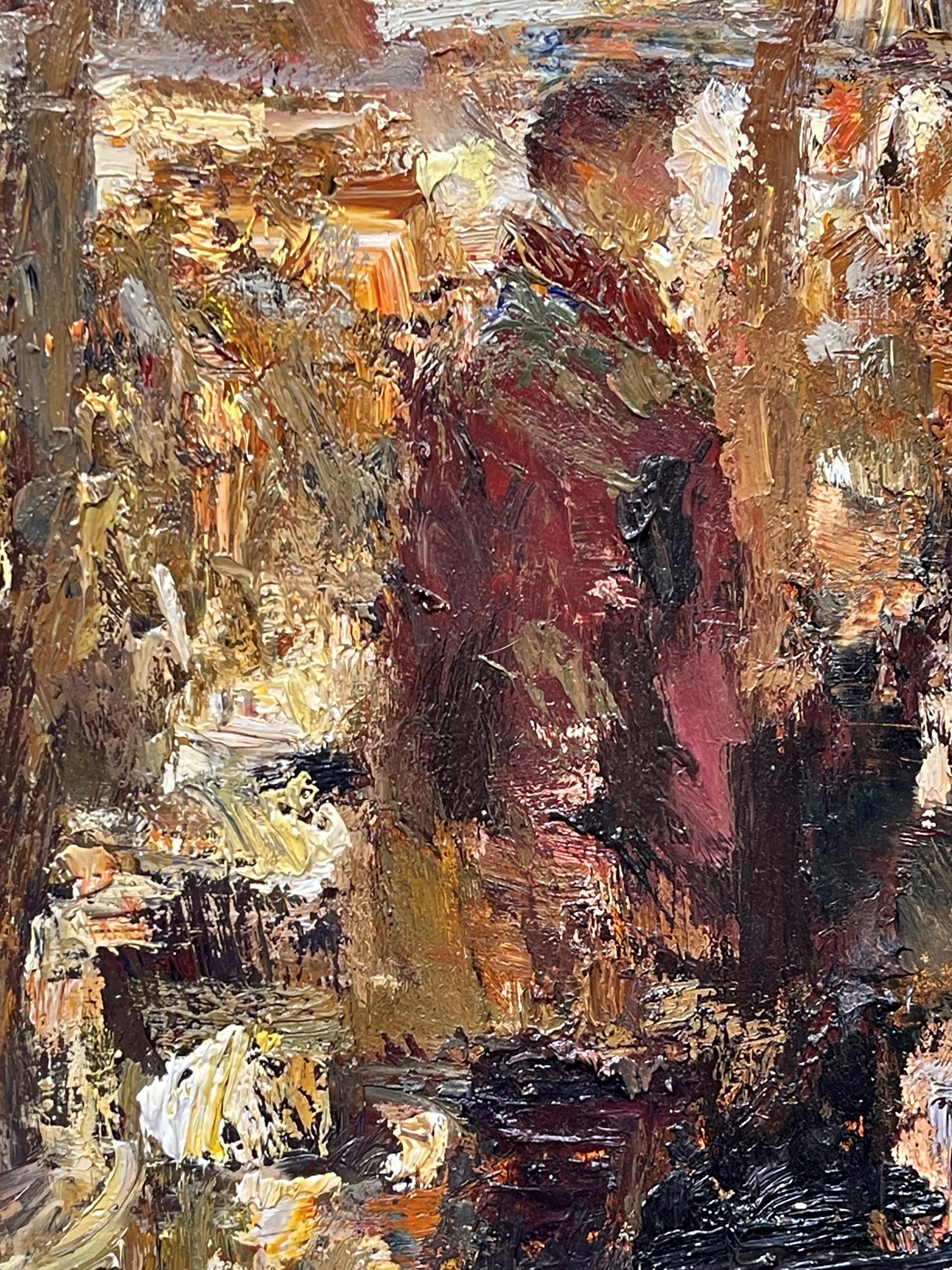 A bustling winter market scene rendered in loose, impressionistic brushstrokes with a warm, golden palette.