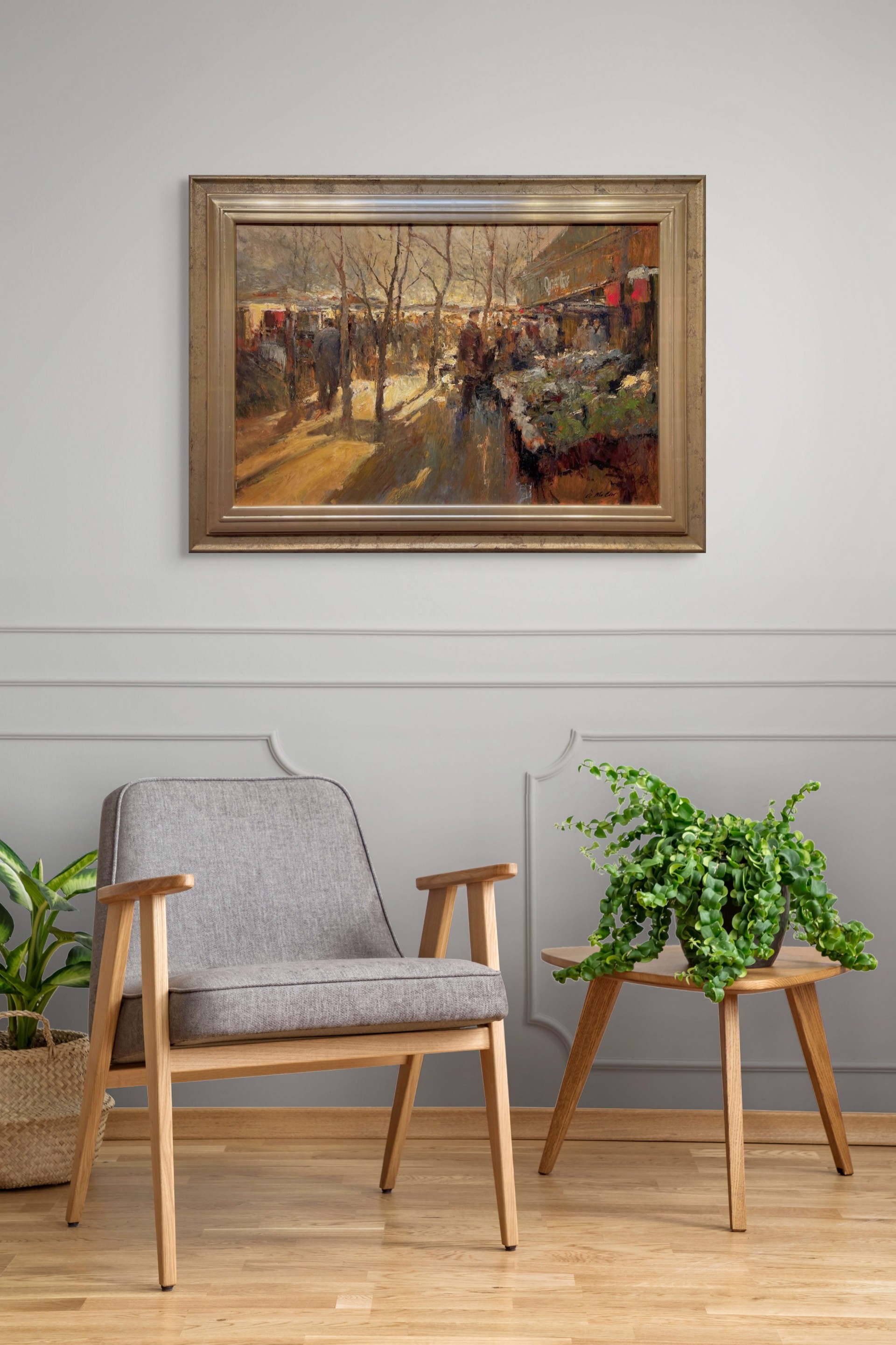 A bustling winter market scene rendered in loose, impressionistic brushstrokes with a warm, golden palette.