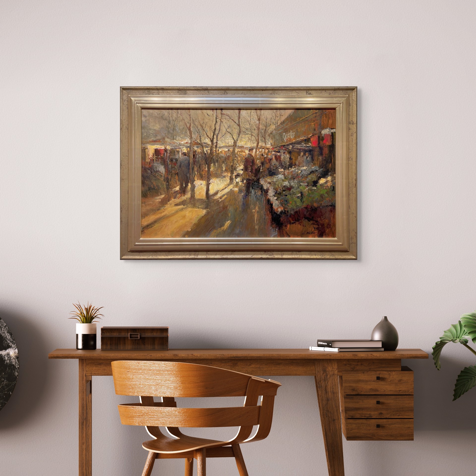 A bustling winter market scene rendered in loose, impressionistic brushstrokes with a warm, golden palette.