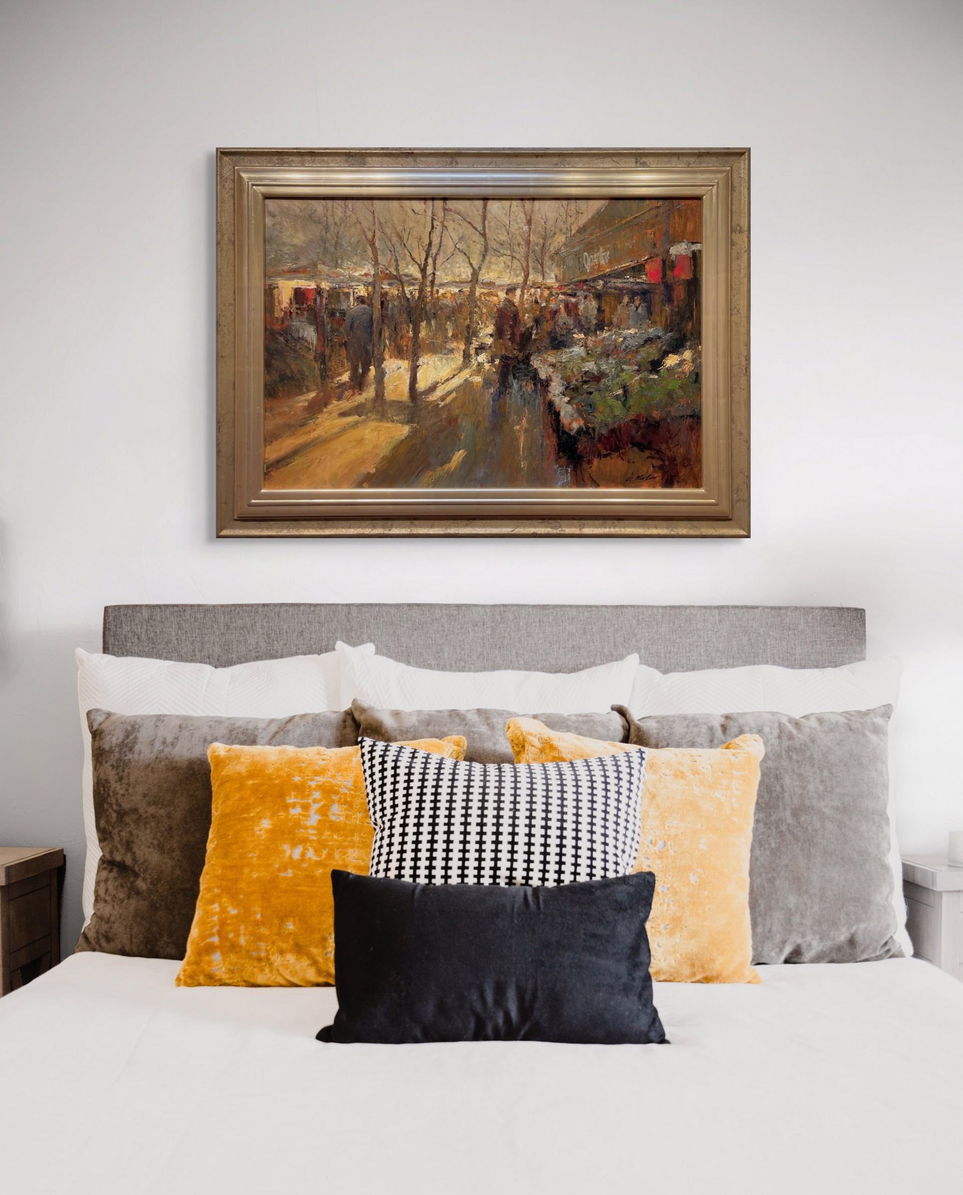 A bustling winter market scene rendered in loose, impressionistic brushstrokes with a warm, golden palette.