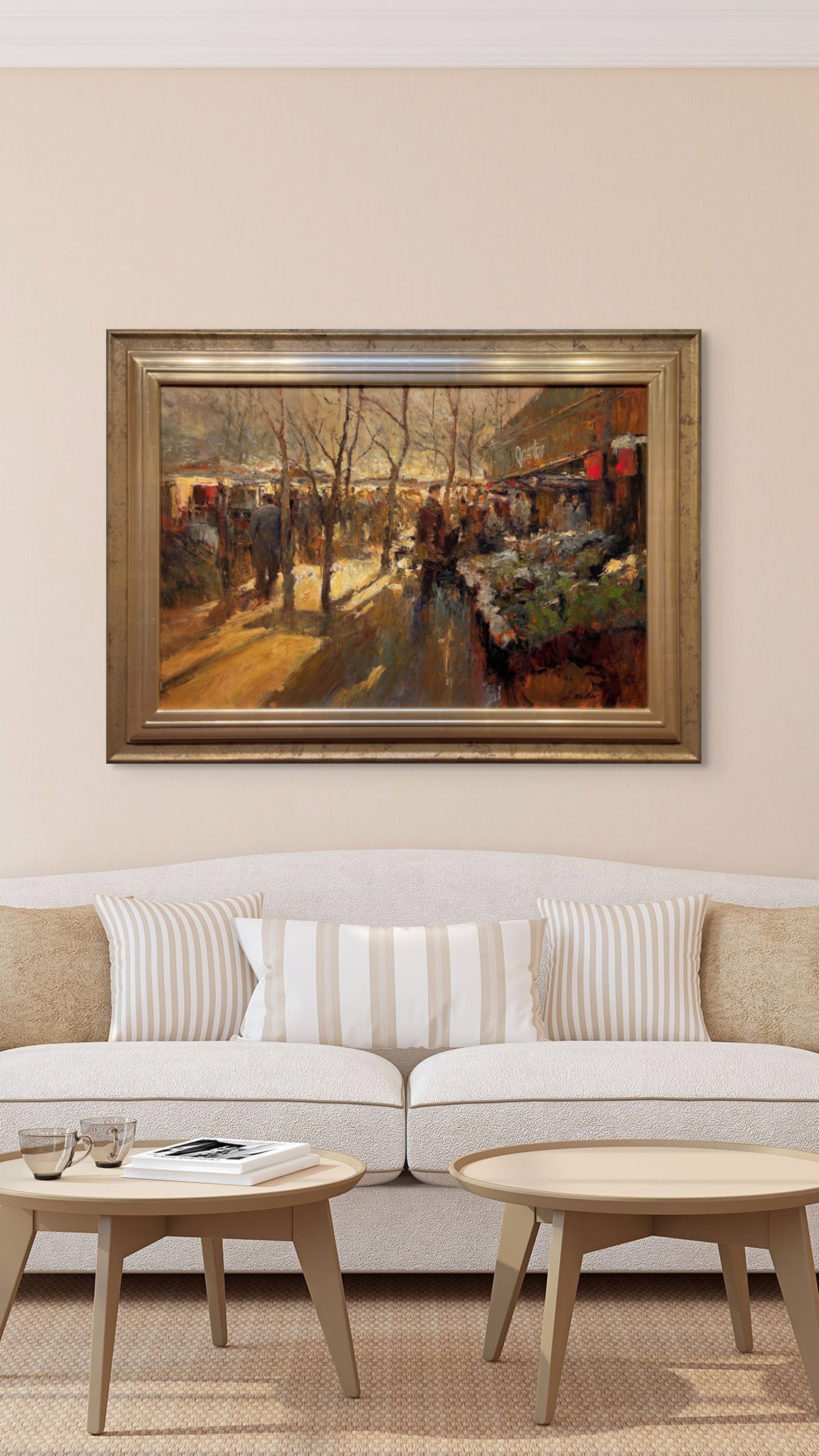 A bustling winter market scene rendered in loose, impressionistic brushstrokes with a warm, golden palette.