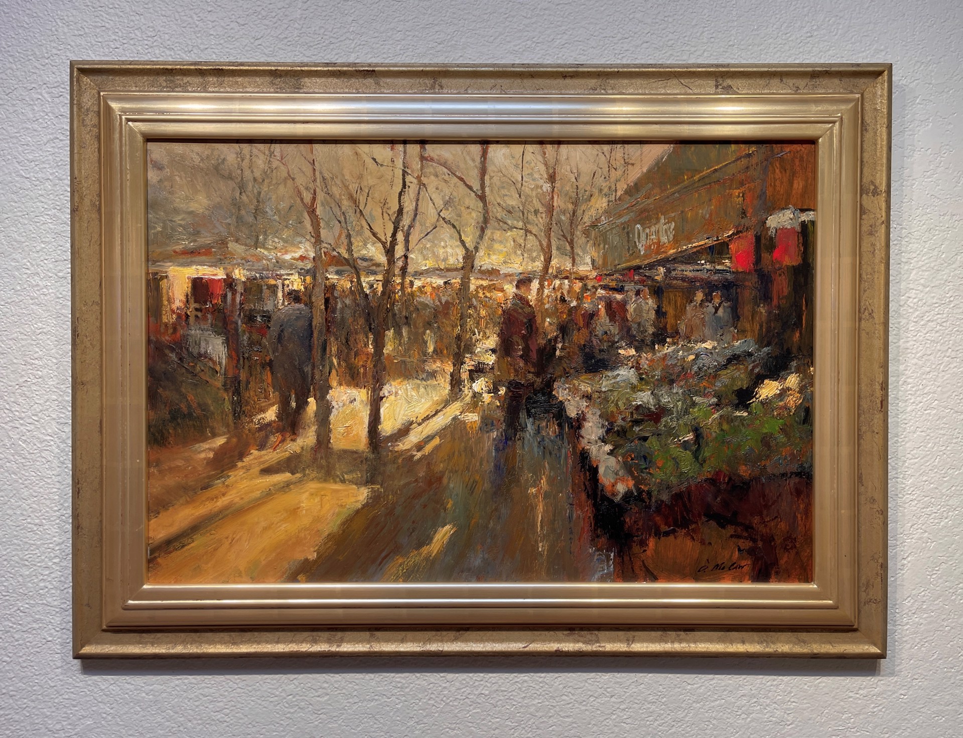 A bustling winter market scene rendered in loose, impressionistic brushstrokes with a warm, golden palette.