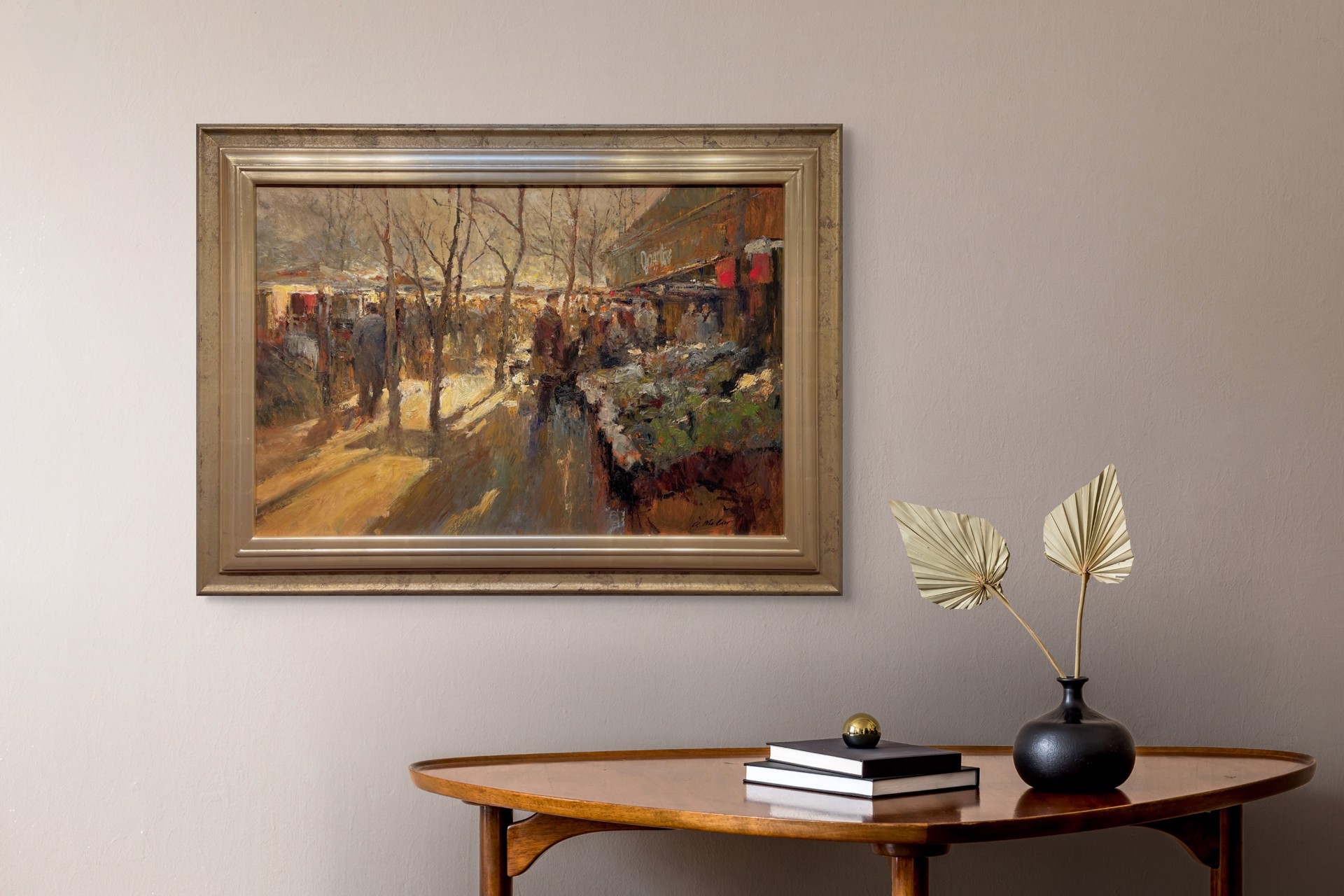 A bustling winter market scene rendered in loose, impressionistic brushstrokes with a warm, golden palette.