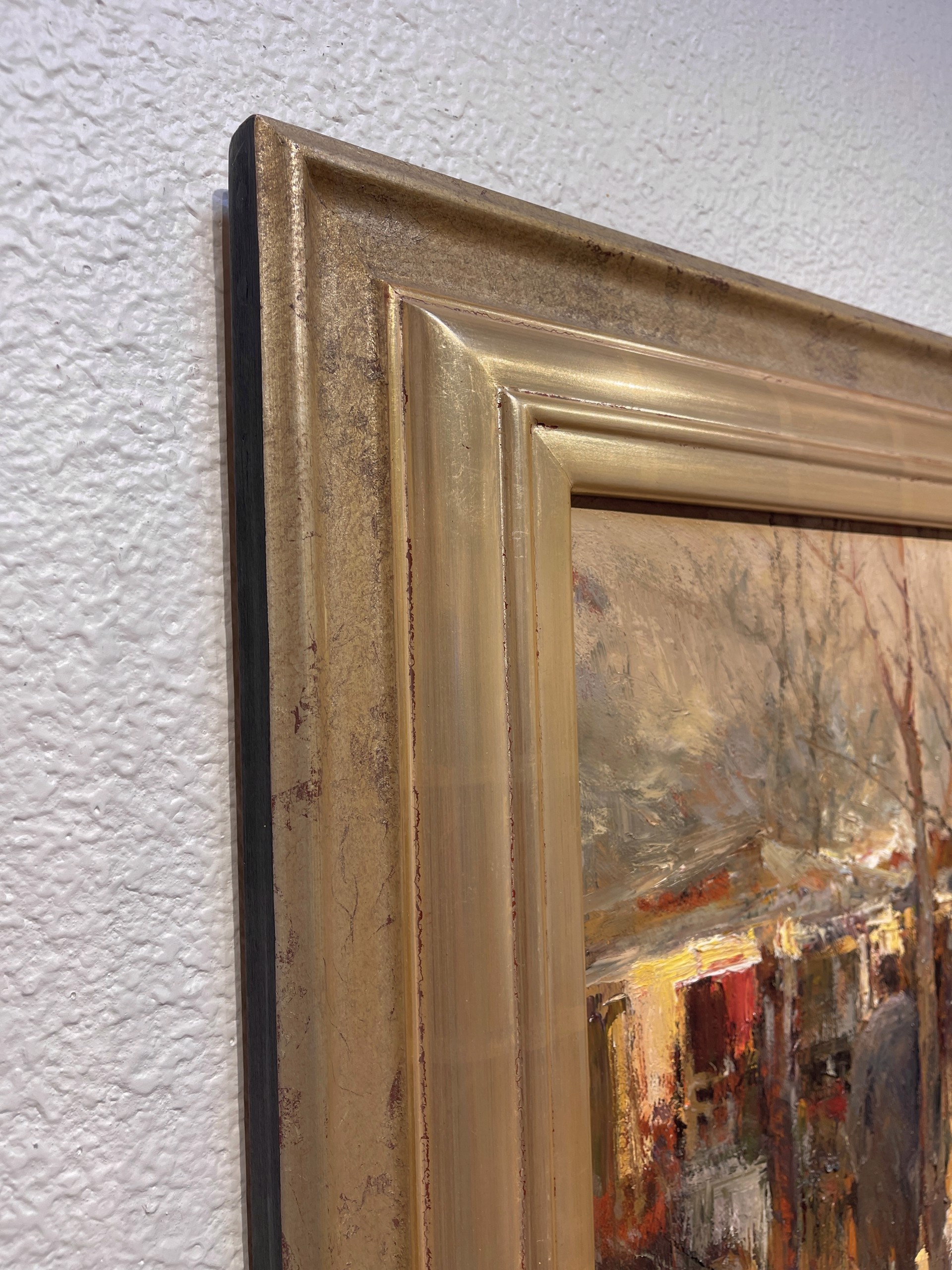 A bustling winter market scene rendered in loose, impressionistic brushstrokes with a warm, golden palette.