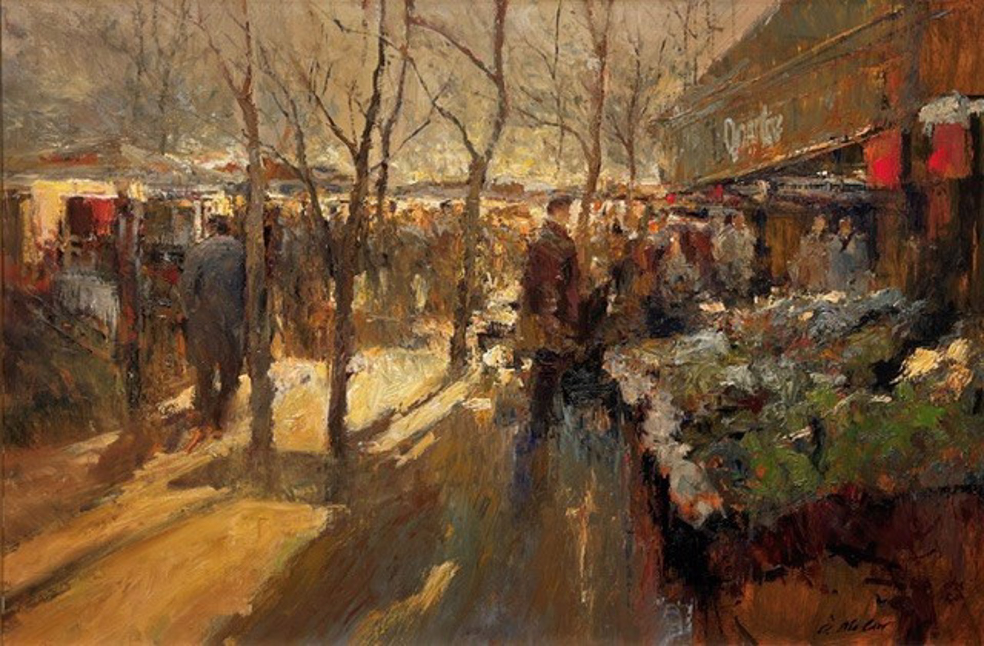 A bustling winter market scene rendered in loose, impressionistic brushstrokes with a warm, golden palette.