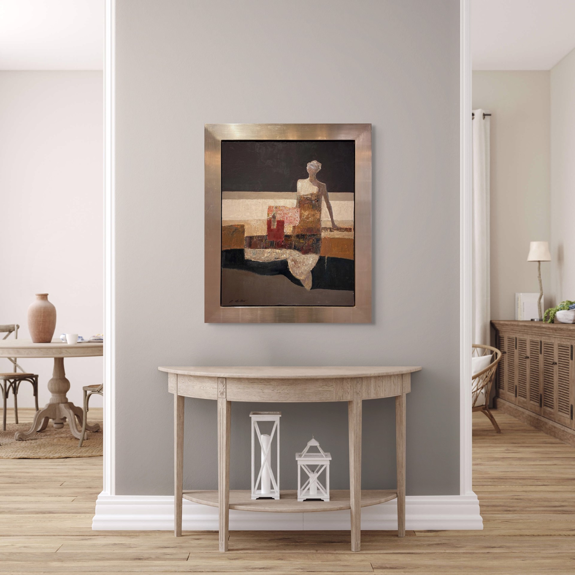 A painting of a woman sitting on a couch.