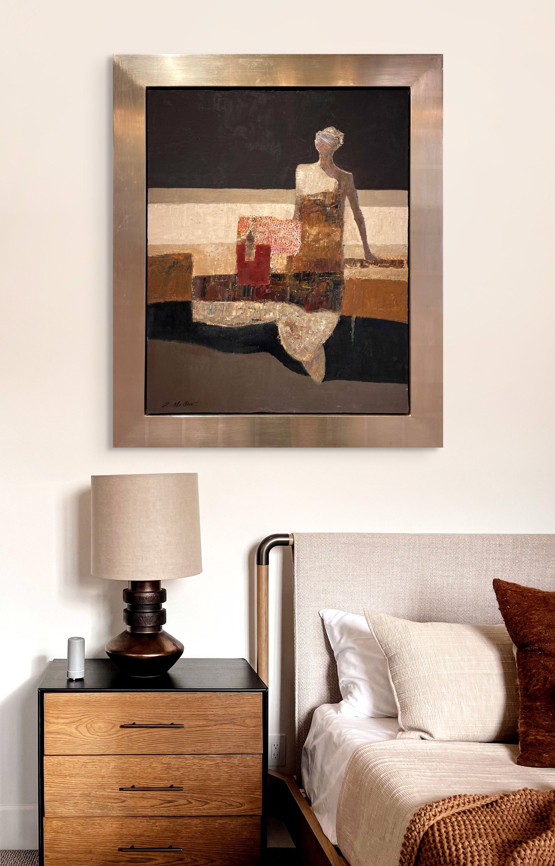 A painting of a woman sitting on a couch.