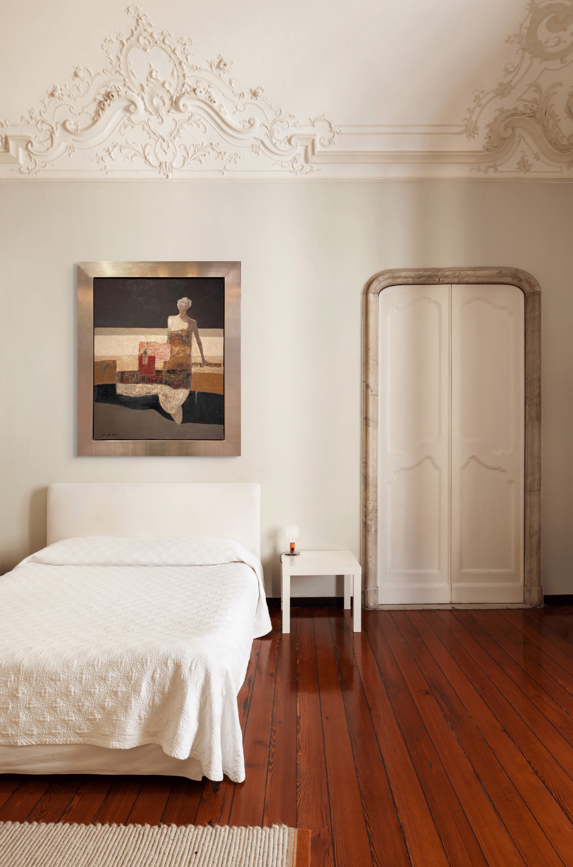 A painting of a woman sitting on a couch.