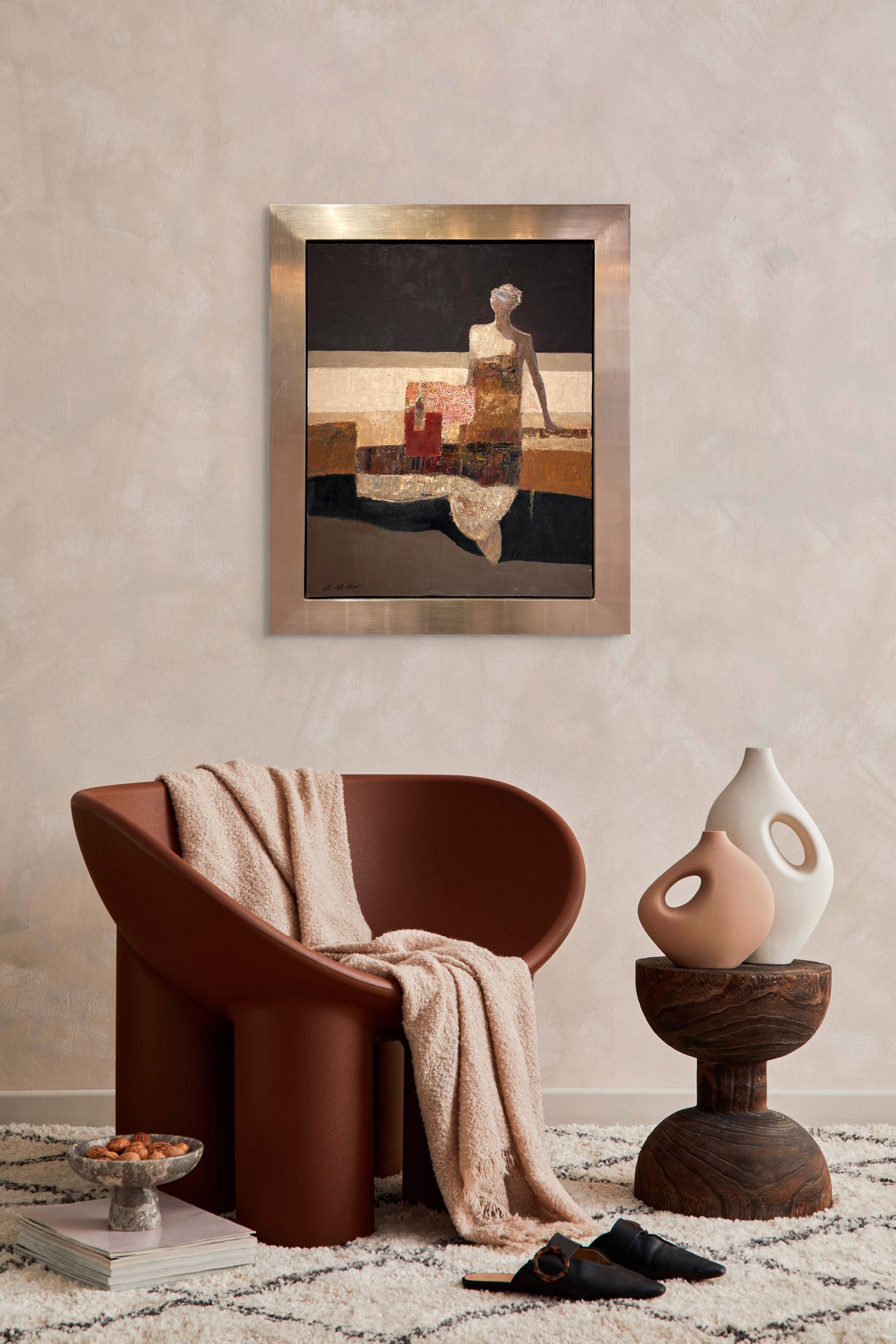 A painting of a woman sitting on a couch.