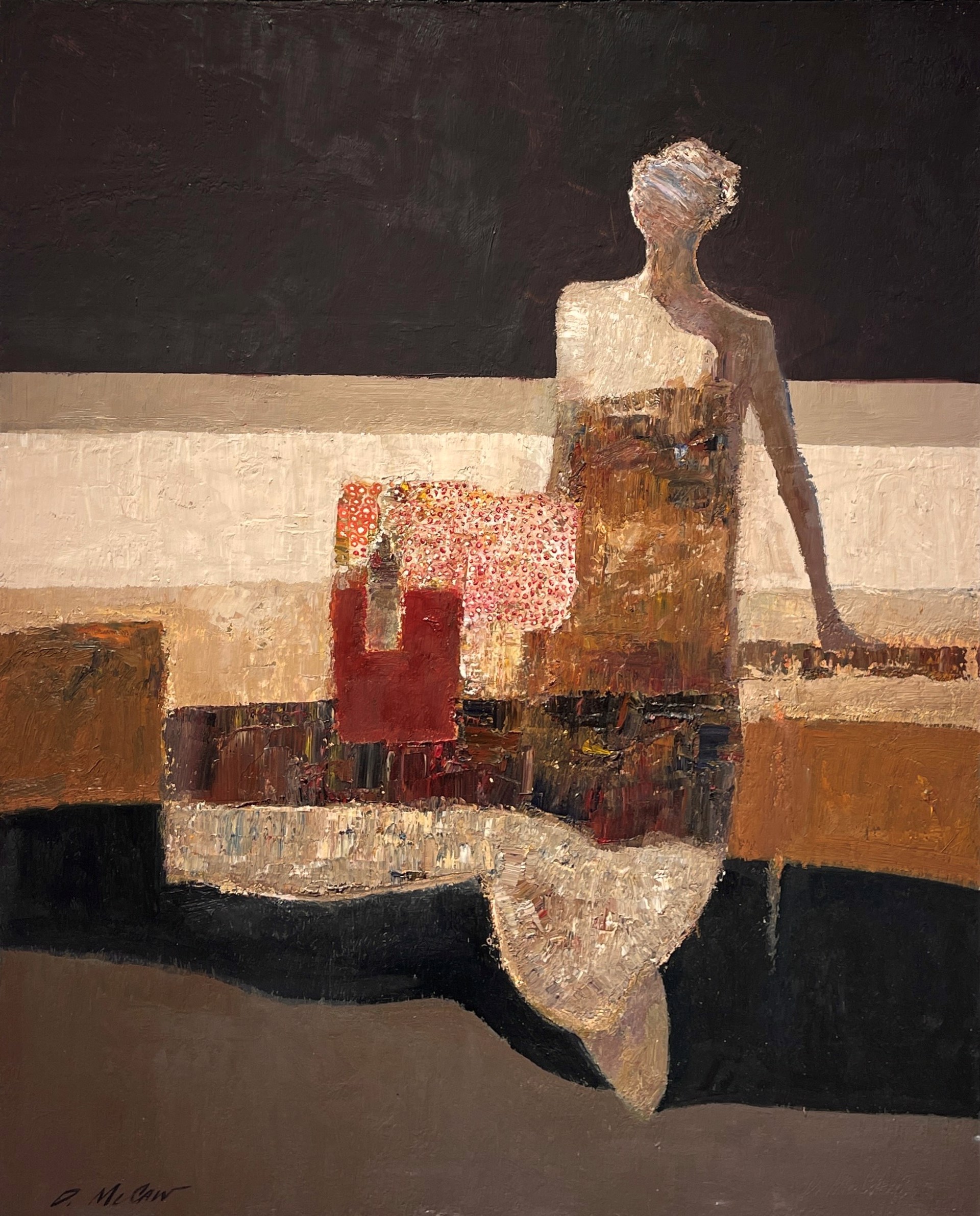 A painting of a woman sitting on a couch.