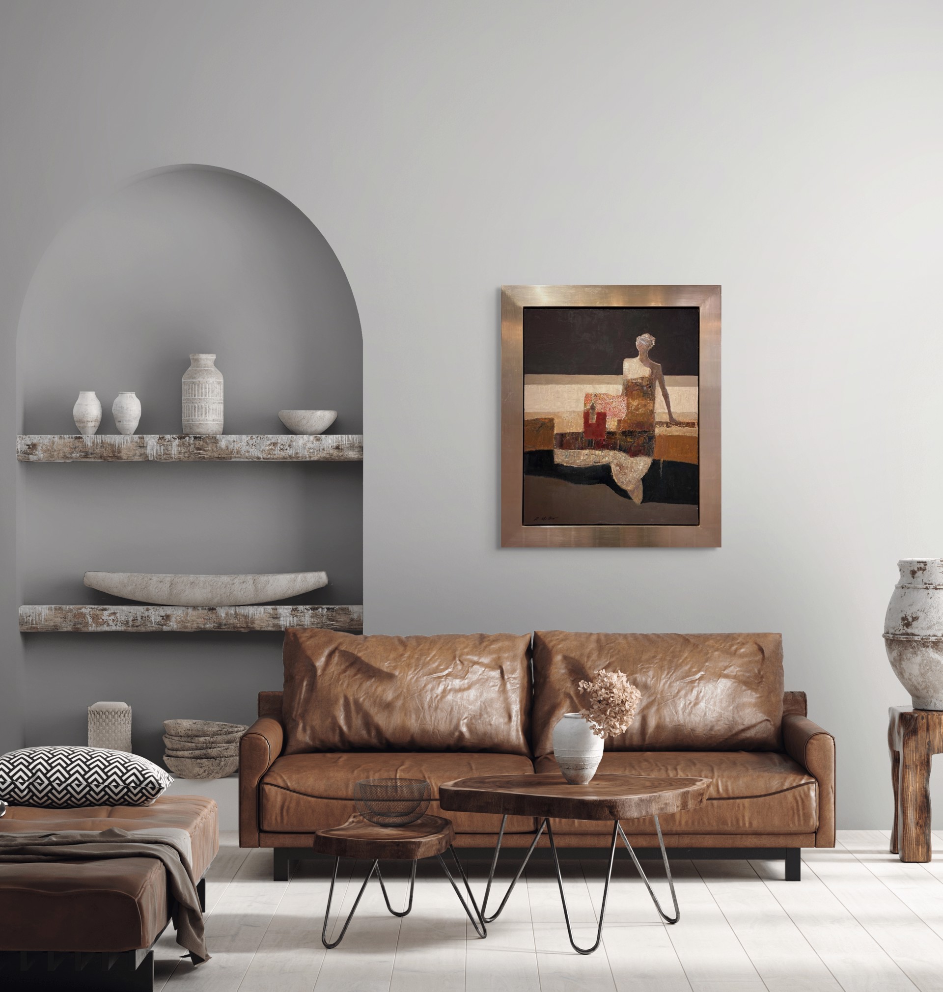 A painting of a woman sitting on a couch.