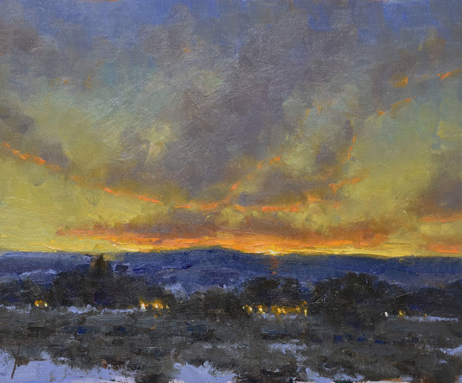 A dramatic landscape painting capturing a twilight sky over a dark, snowy foreground.