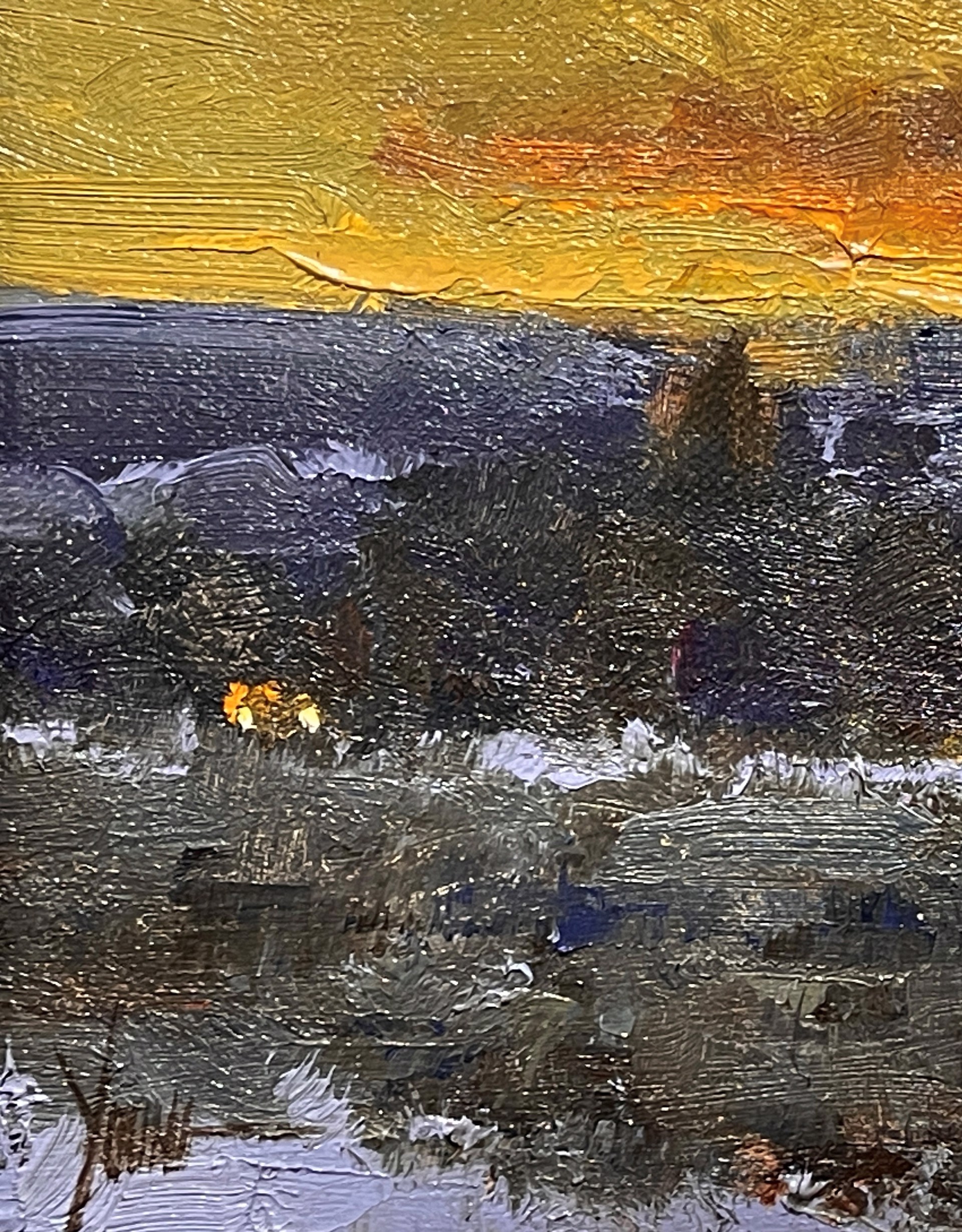 A dramatic landscape painting capturing a twilight sky over a dark, snowy foreground.