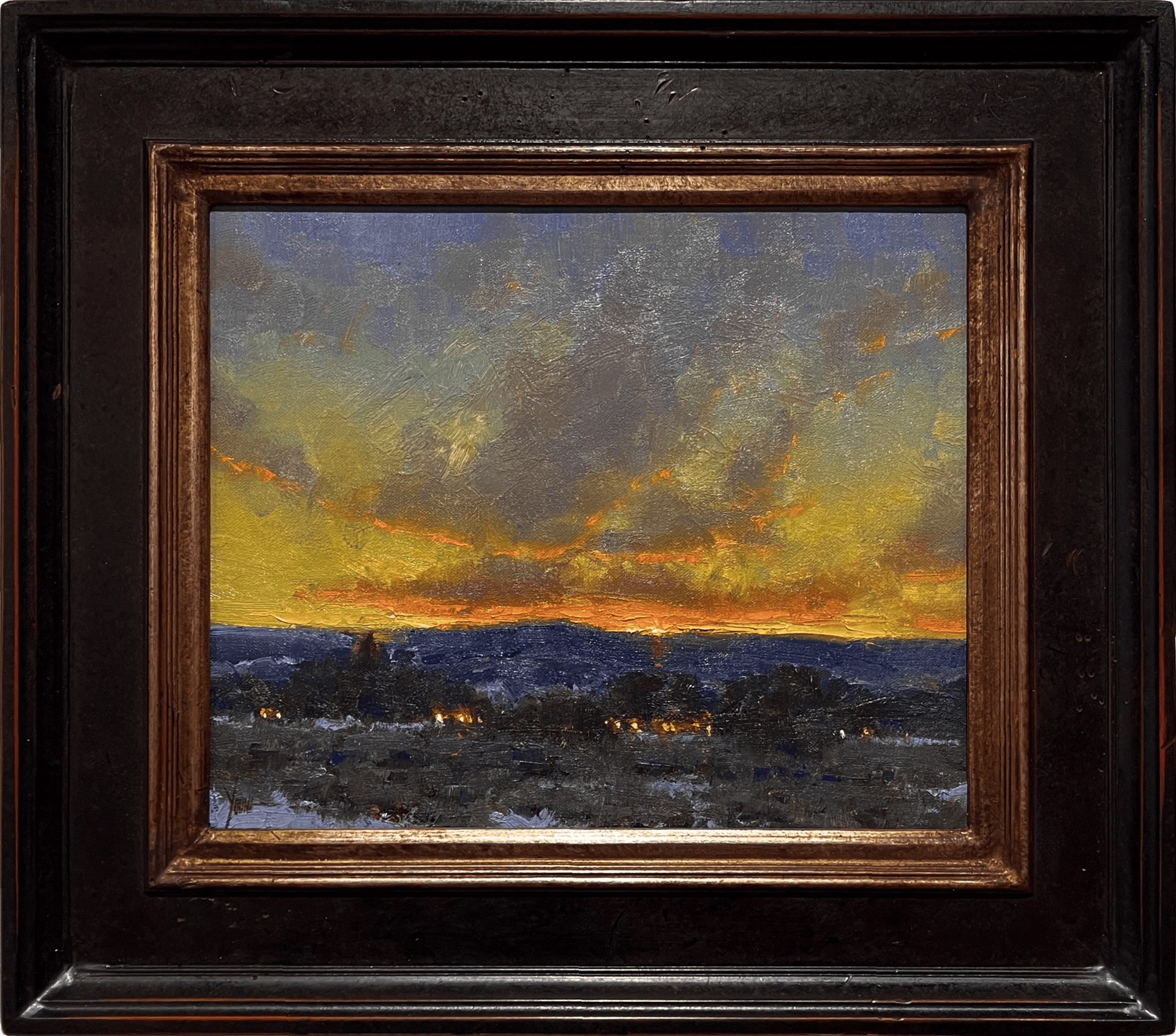 A dramatic landscape painting capturing a twilight sky over a dark, snowy foreground.