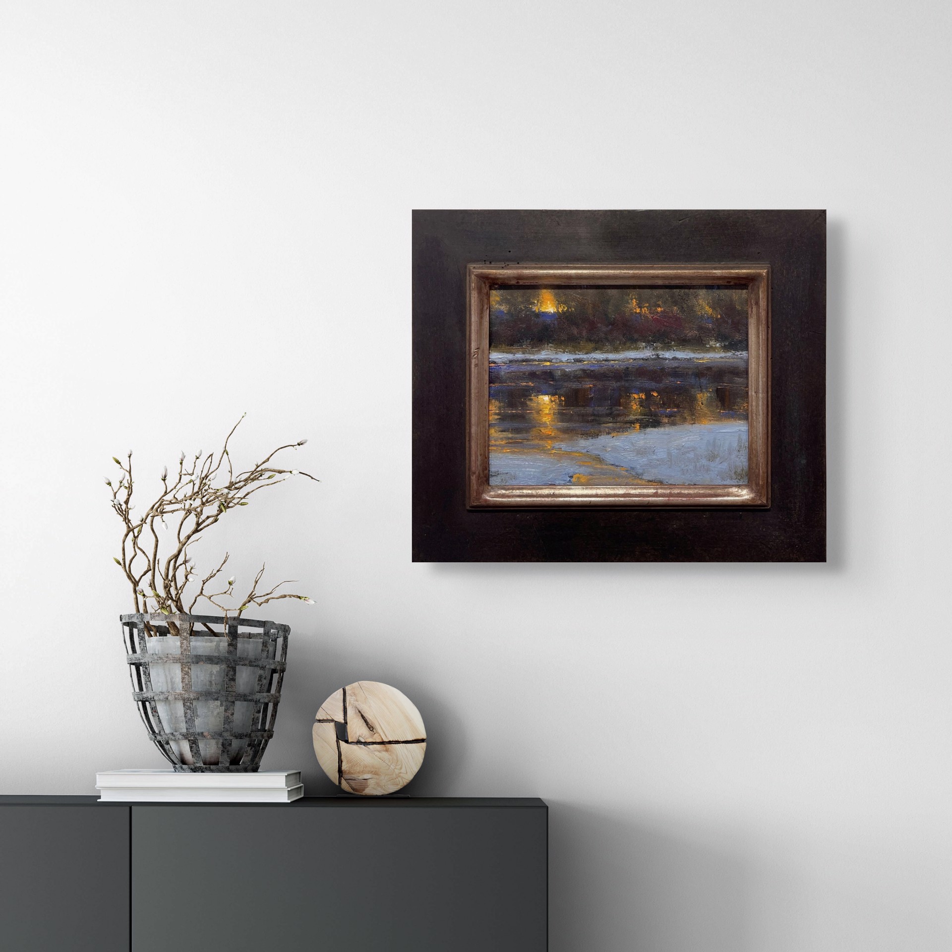 A nocturnal landscape painting capturing the shimmering reflections of warm lights on a dark, textured surface.