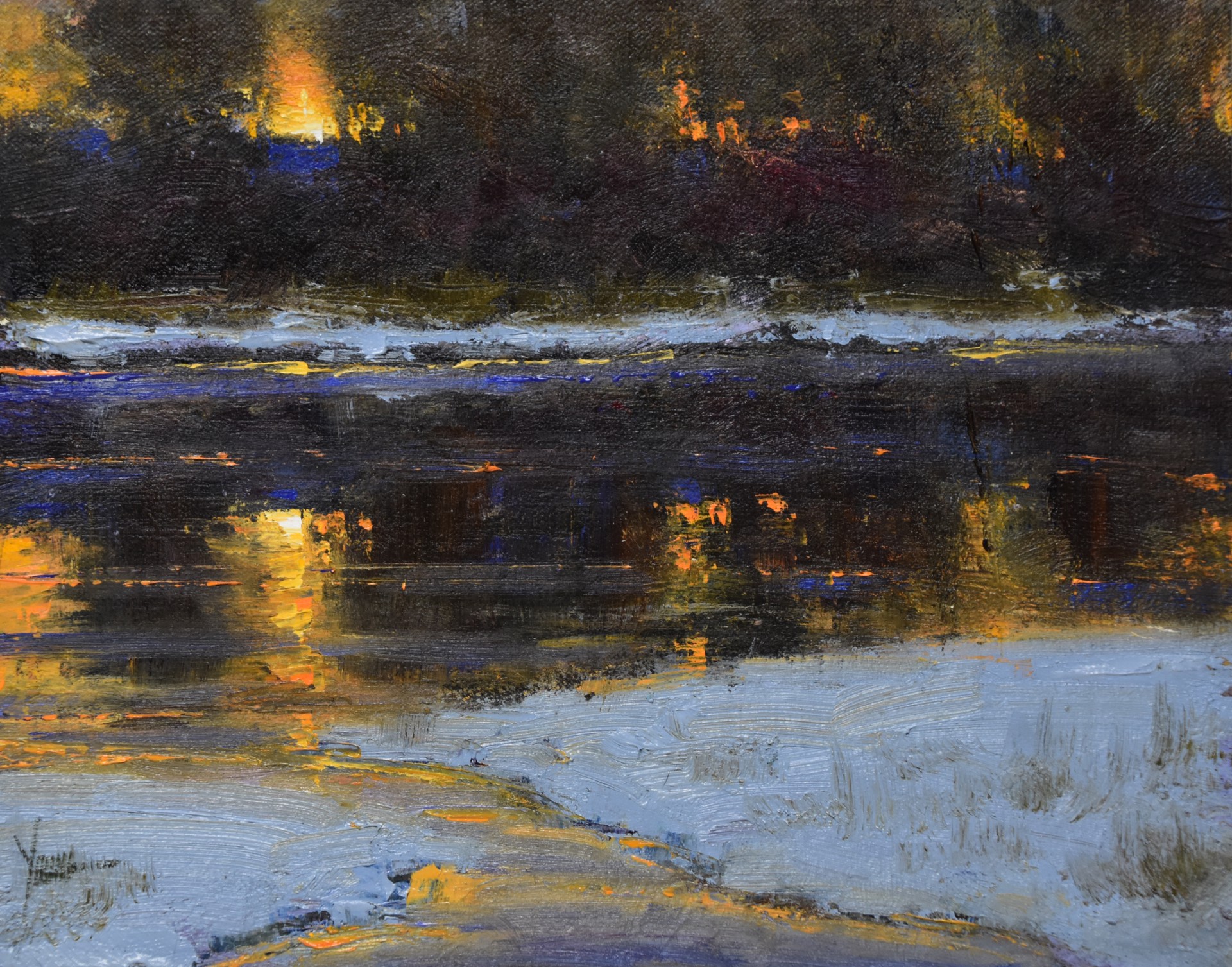A nocturnal landscape painting capturing the shimmering reflections of warm lights on a dark, textured surface.