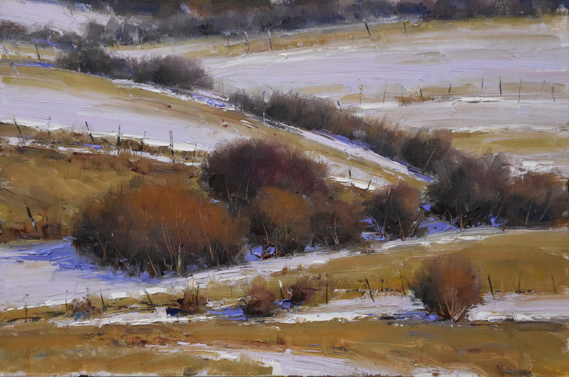 A winter landscape painting featuring snow-covered hills and dark shrubs.