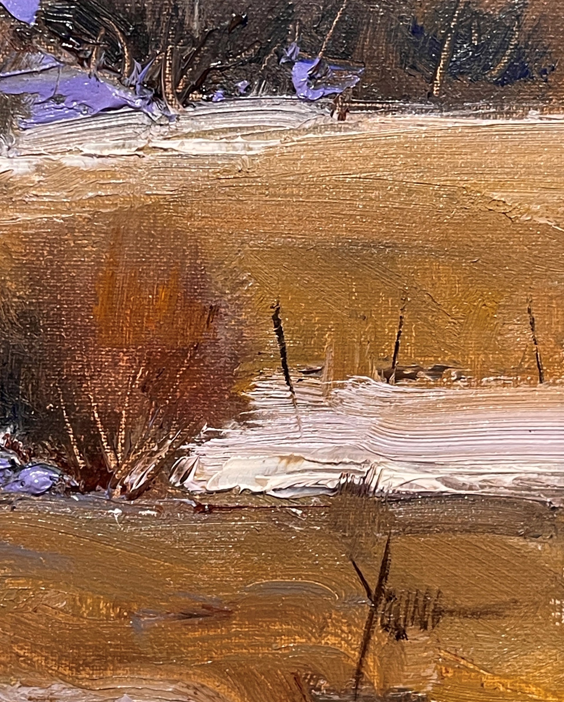 A winter landscape painting featuring snow-covered hills and dark shrubs.