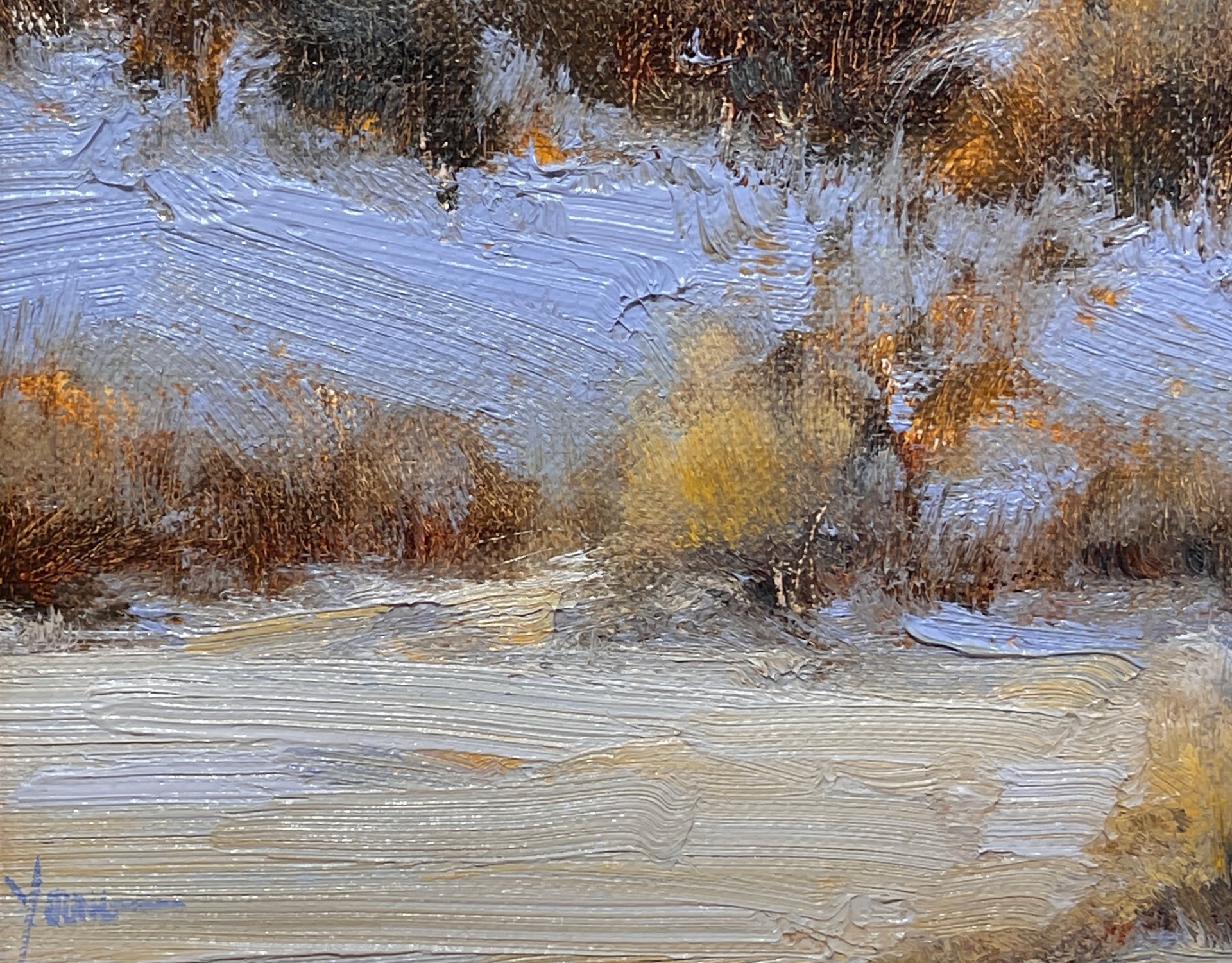 A winter landscape painting capturing a snowy hillside under a warm, golden sky.